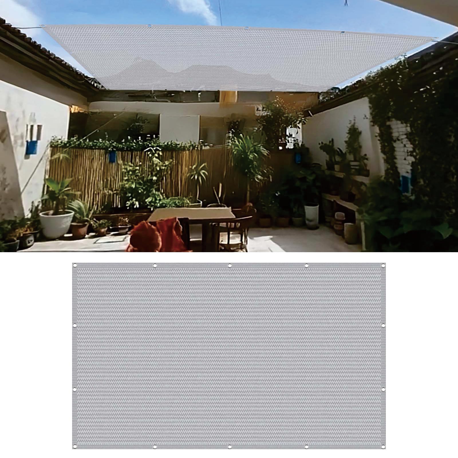 Siatka Cieniująca 195 x 860 cm Oddychające HDPE – 95% Blokady Uv, 90% Zacienienia Prostokątny Daszek Przeciwsłoneczny Z Oczkami, Z Linką I Opaskami Kablowymi Do Na Balkon, Jasny szary