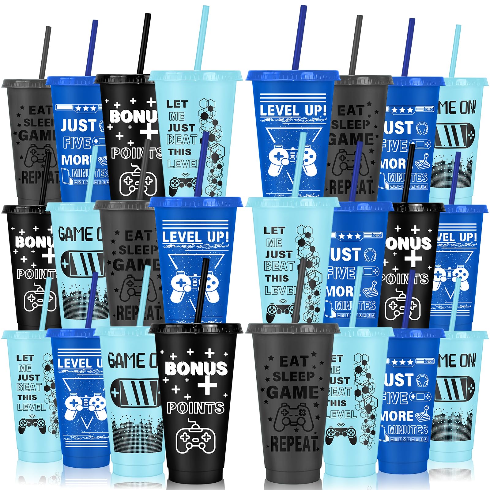 MSYU 24 vasos de plástico para videojuegos con tapas y popotes, vaso reutilizable de 710 ml, tazas de viaje para café helado, botella de agua para juegos, suministros de cumpleaños, adultos, niños