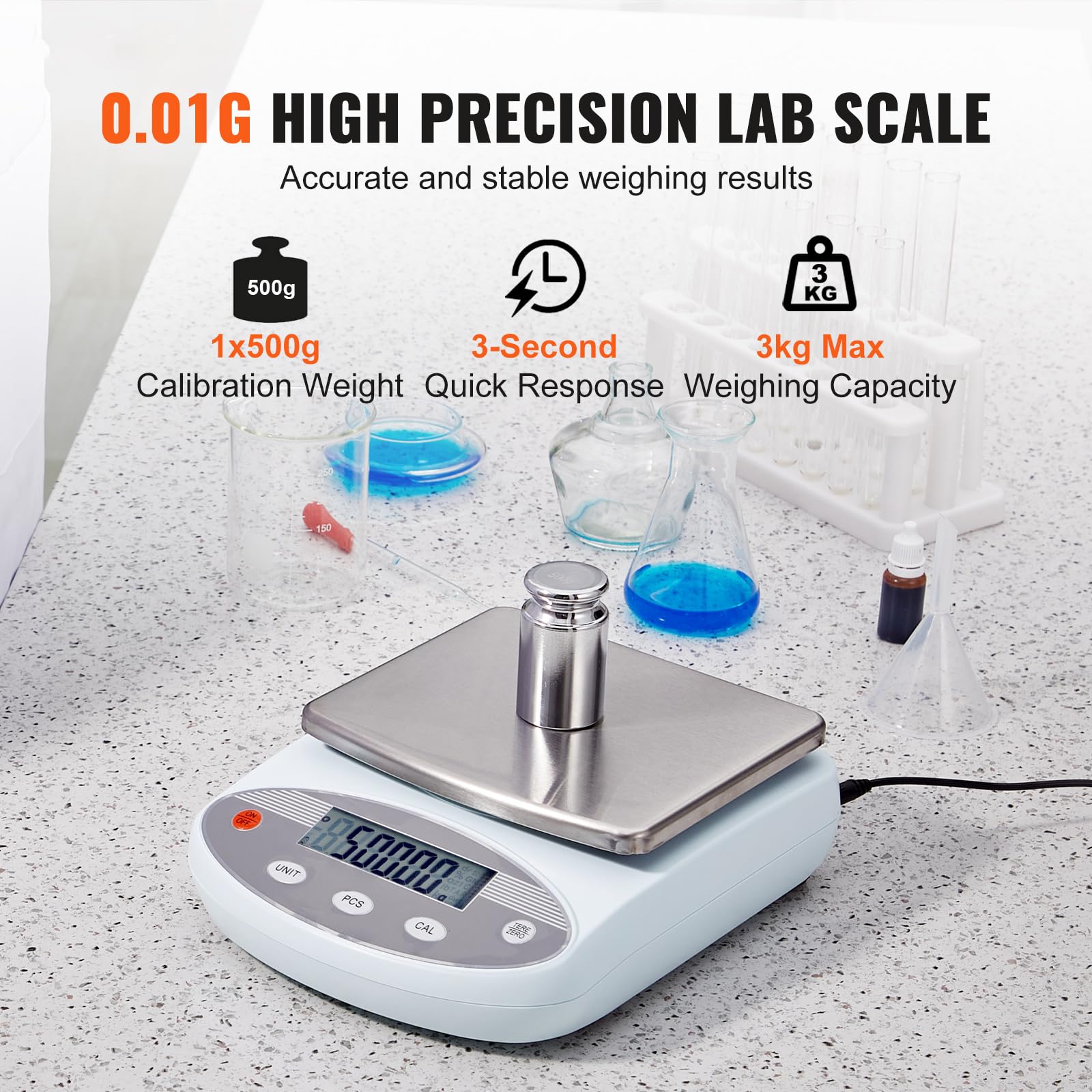 Happybuy 3000g x 0.01g Analytical Balance, High Precision Digital Lab Scale, LCD Display, 13 Units Conversion, Jewelry & Scientific Weighing Scale for Lab