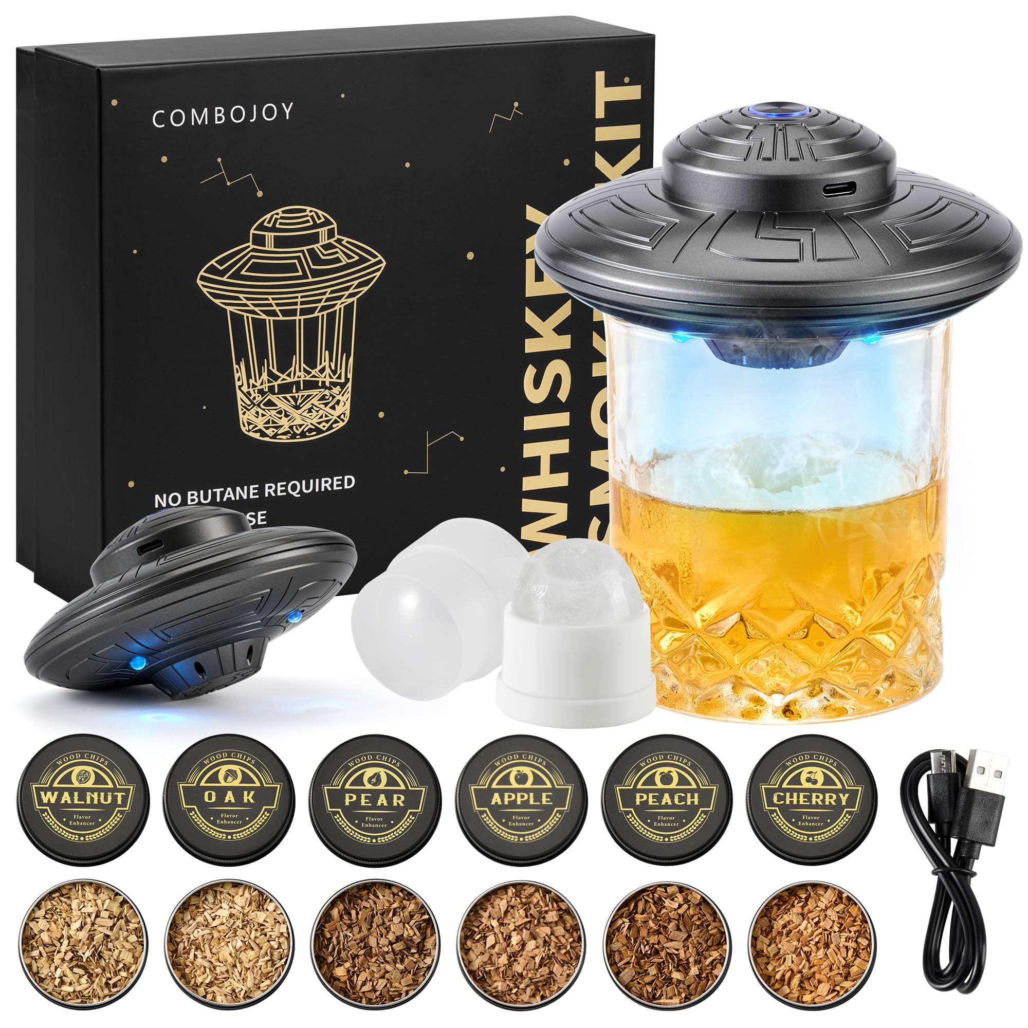 ComboJoy Kit per affumicatore elettrico per whisky, accendino integrato, 6 gusti di trucioli di legno, stampi per bicchieri e sfere di ghiaccio, kit ricaricabile per cocktail, kit per affumicatore di