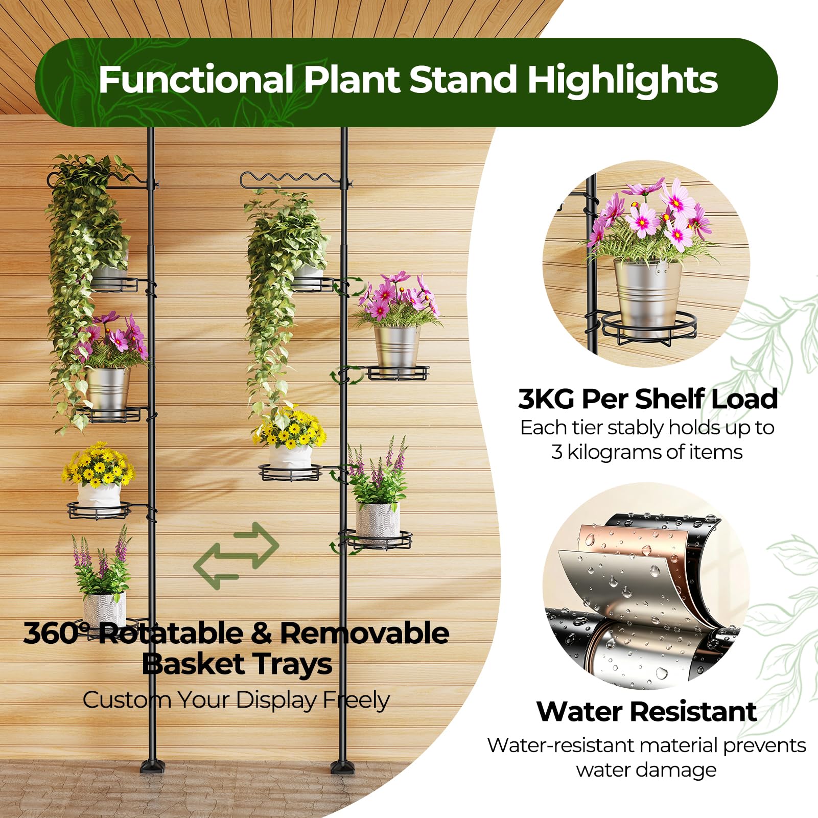 WELDUN Étagère à fleurs télescopique avec 4 supports de fleurs et 1 tuteur - Support pour plantes d'intérieur peu encombrant - Étagère d'angle en métal - Étagère suspendue réglable - 122-290 cm (H