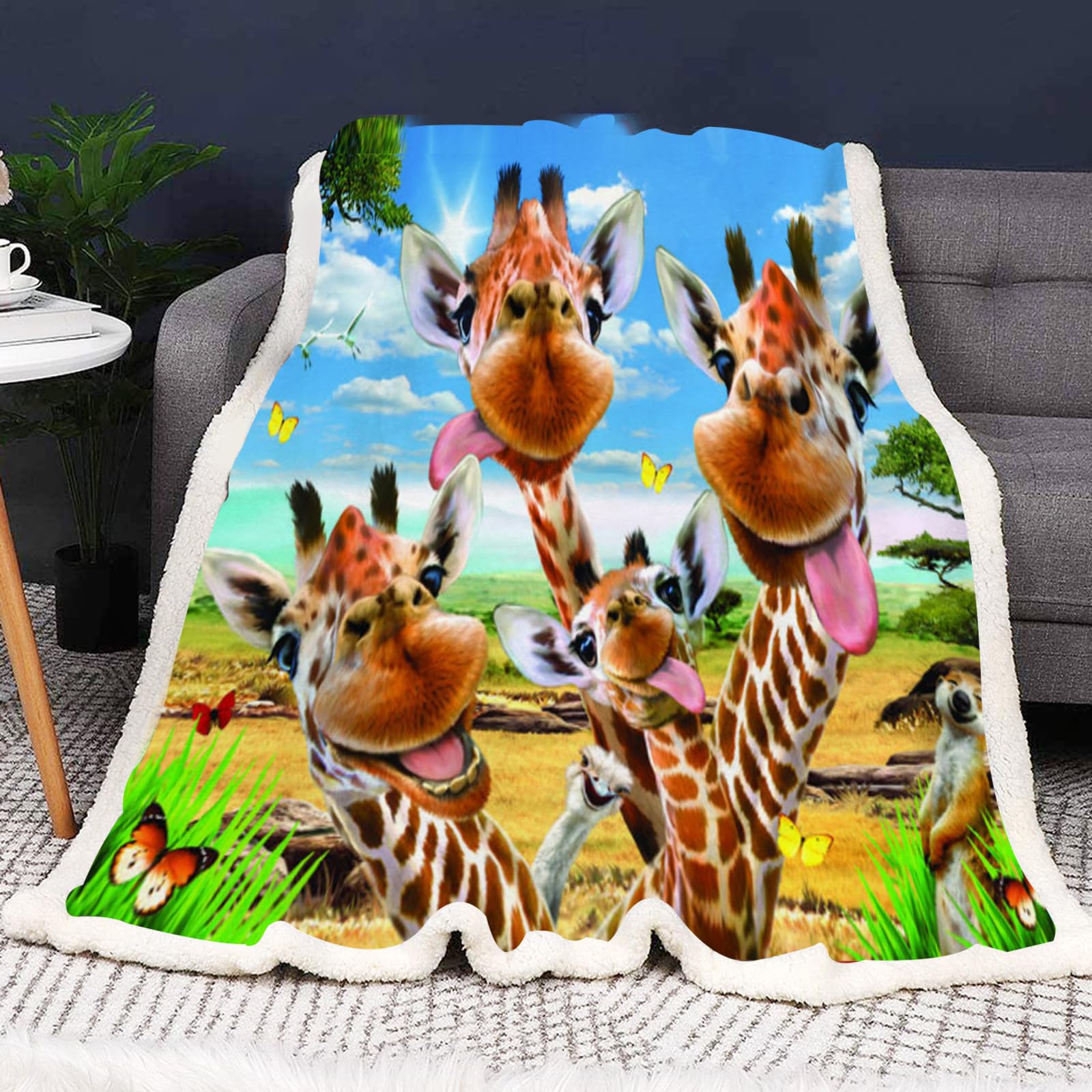 SMchwbc Giraffe Blanket, 150 x 200 cm, Cuddly Blanket, Giraffe Blanket, Flannel Blanket, Giraffes, 3D Print, Forest, Wild Animal, Giraffe, Fluffy Sofa Blanket, 130 x 150 cm Couch Blanket (1.100 x 140