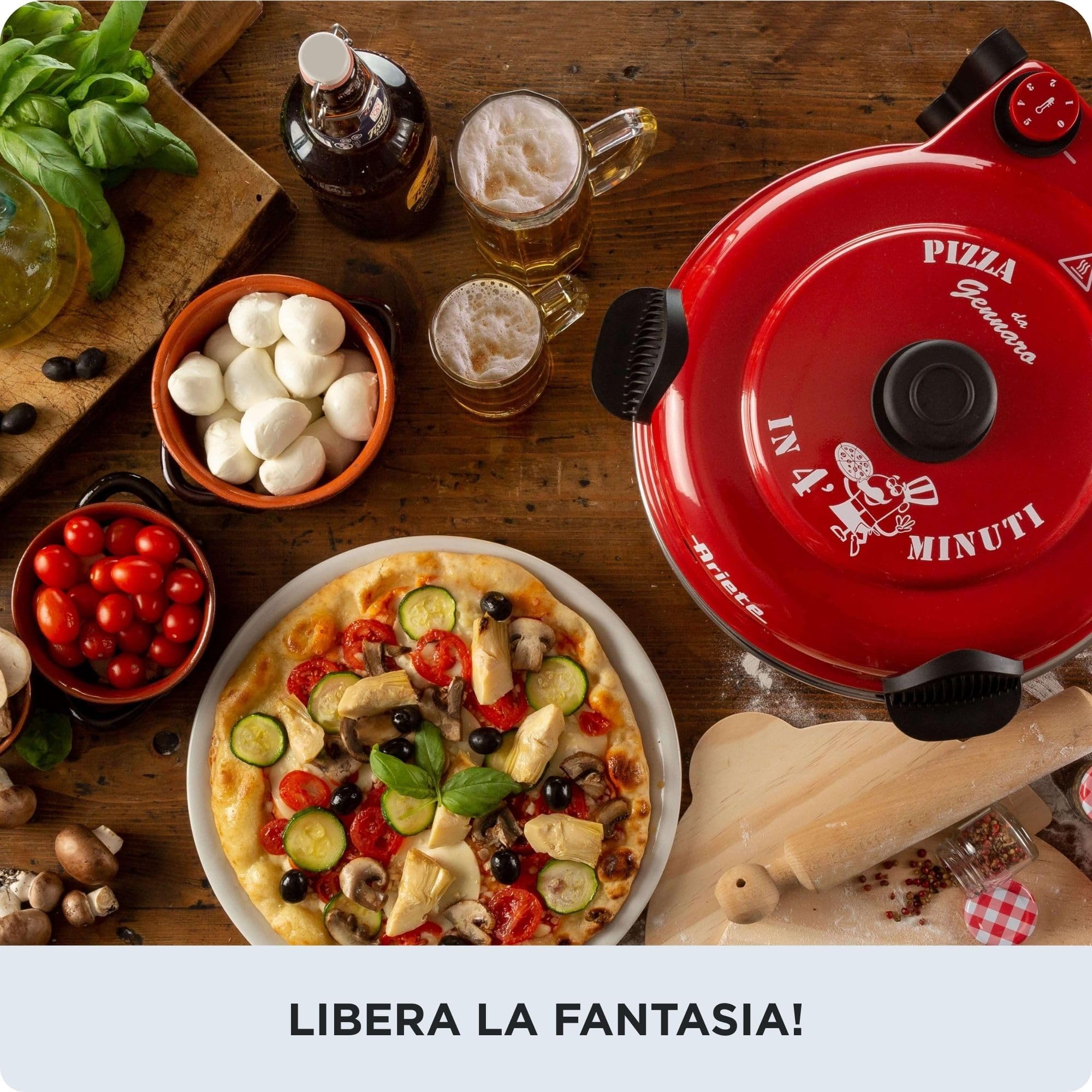 Ariete Forno Pizza 919, Pizza 4' Minuti, Forno per Pizza con 5 Livelli di Cottura, Piastra Refrattaria Antiaderente per Riscaldare, Pale in Legno Incluse, Temperatura Max 400°C, 1200W, Rosso