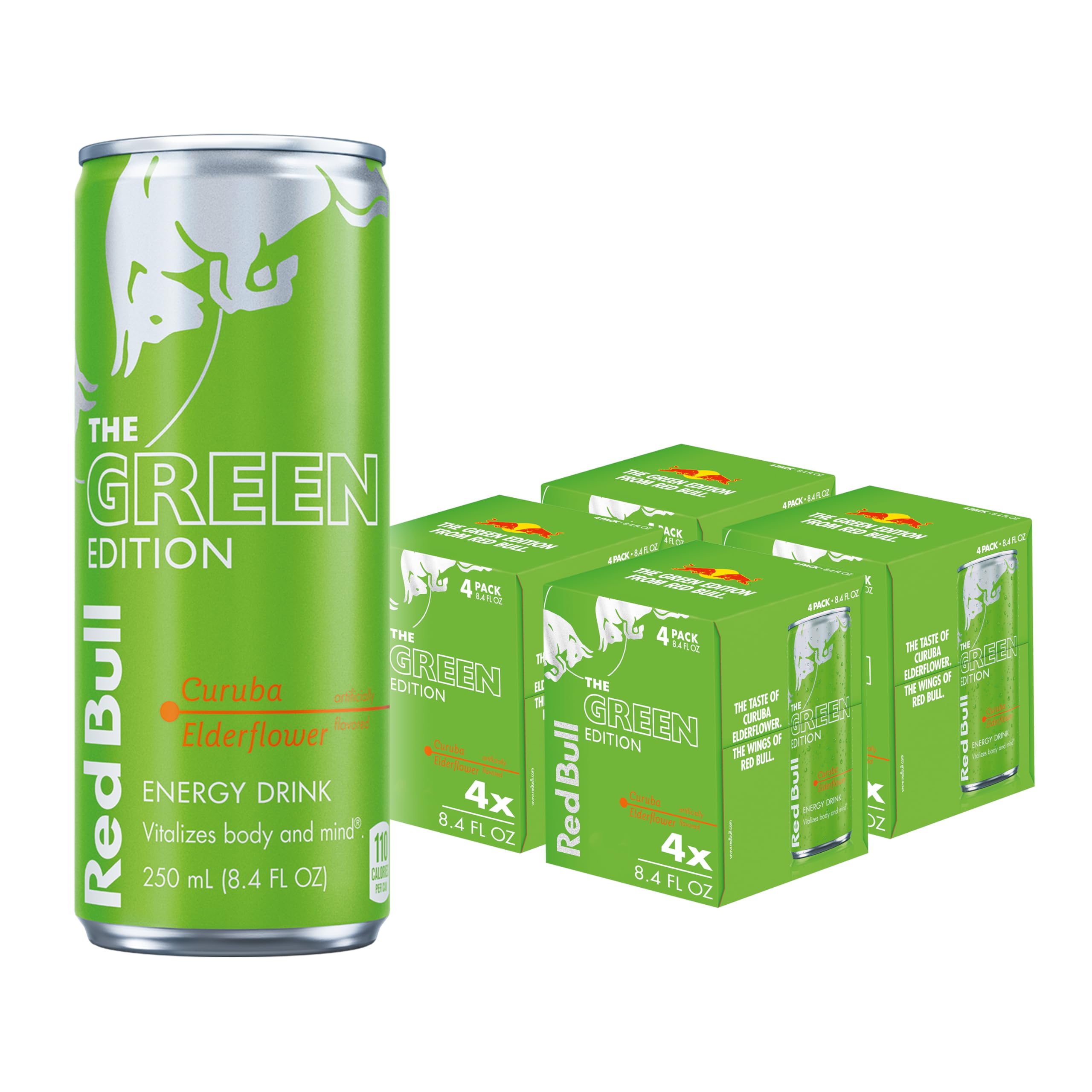 Red Bull Green Edition Energy Drink, Curuba Elderflower, 8.4 fl. oz., Pack of 16 cans, with 80mg Caffeine, Taurine & B Vitamins