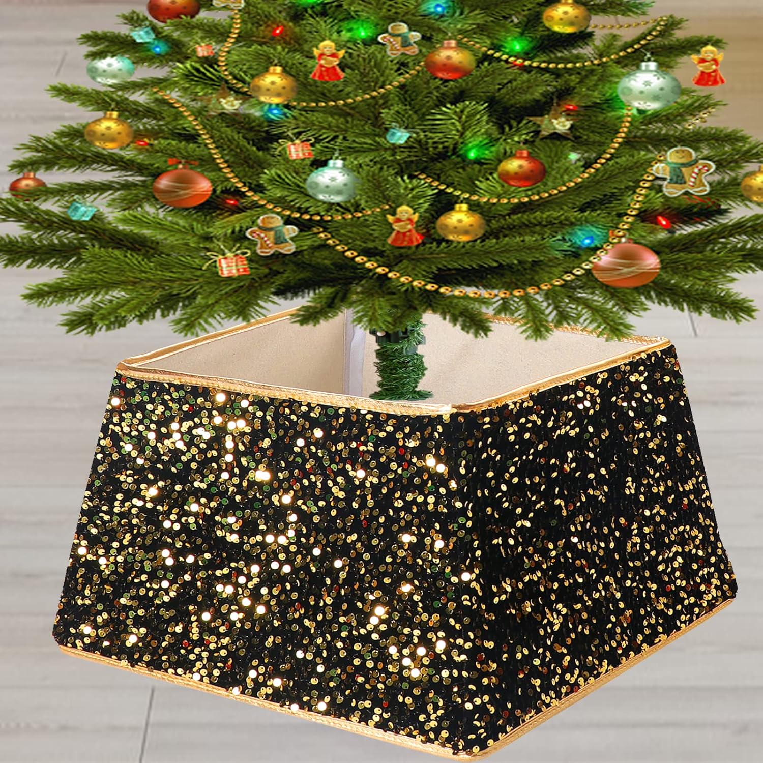 MQUPIN Christmas Tree Box Collar, Gold Sequins Fabric