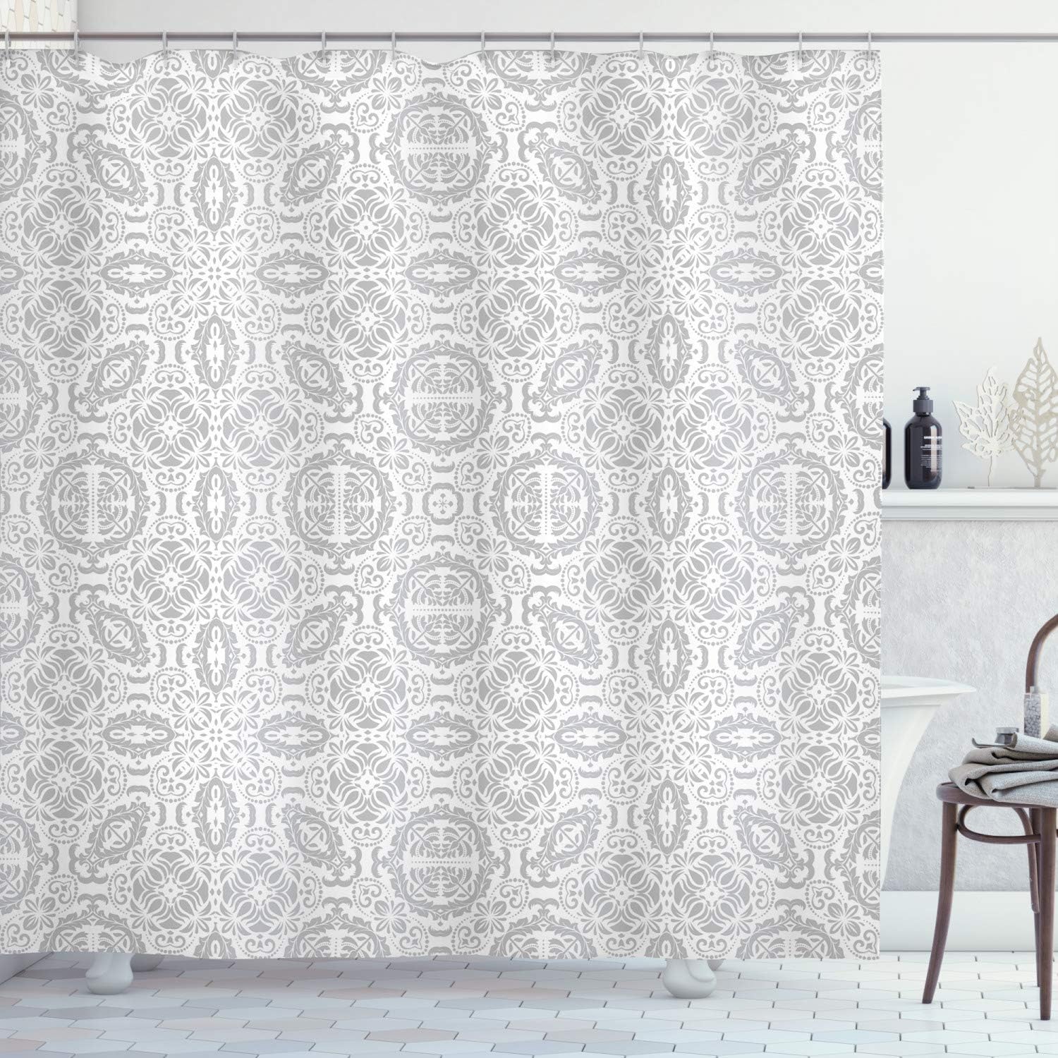 Ambesonne Grey Shower Curtain, Lace Victorian Damask Antique Baroque Design with Oriental Effects Renaissance Art, Cloth Fabric Bathroom Decor Set with Hooks, 69" W x 70" L, White