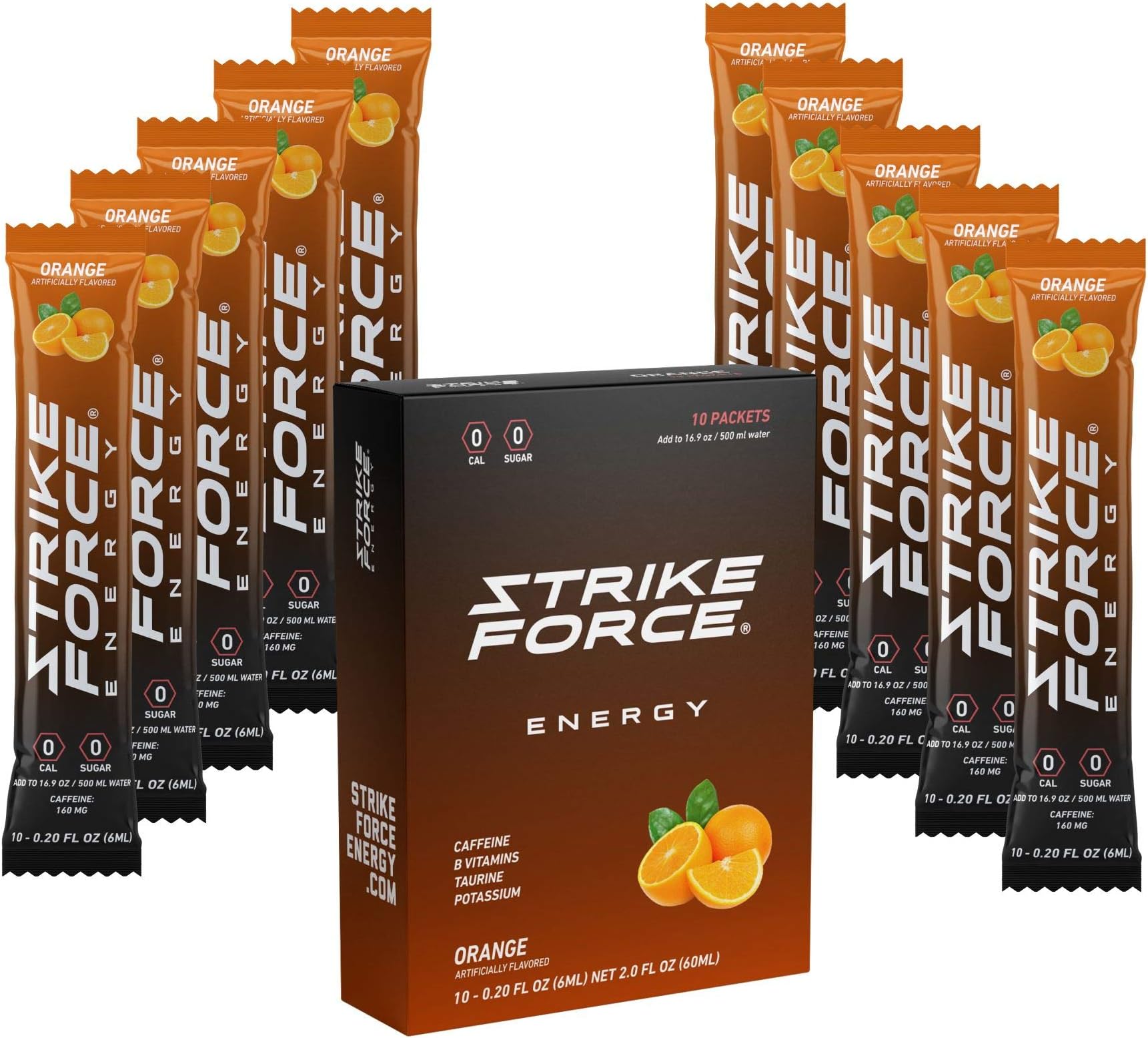 Strike Force Energy Drink Mix - Orange Flavor - Natural Tasting Caffeine Drink - Turn Any Drink into a Healthy Energy Drink - Zero Calories, Keto Friendly, Sugar Free, Pre Workout (10 Liquid Packs)