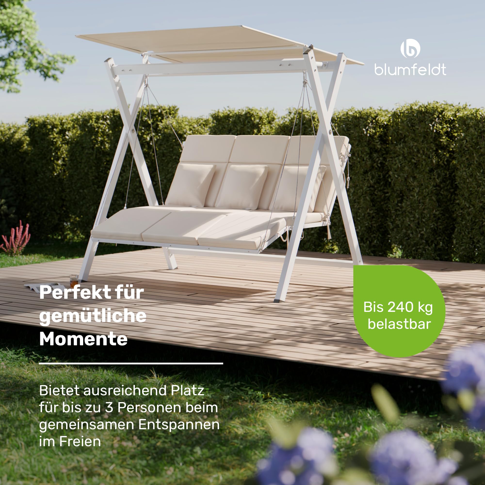 blumfeldt FlexiSwing Hollywoodschaukel 3-Sitzer – Verstellbare Rückenlehne & Sonnendach, 240 kg Belastung, Wetterfester Stahlrahmen, Inklusive Kissen, Gartenschaukel