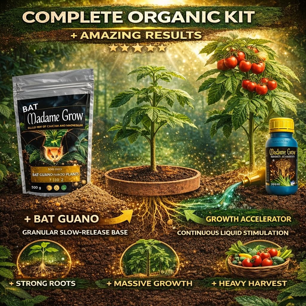 MADAME GROW Boost Kit Wachstumsbeschleuniger 500 ml + Fledermausguano 500 g, Pflanzenwurzel- und Blühdünger, Pflanzendünger, Wachstum und Stimulator, bereichert Substrat