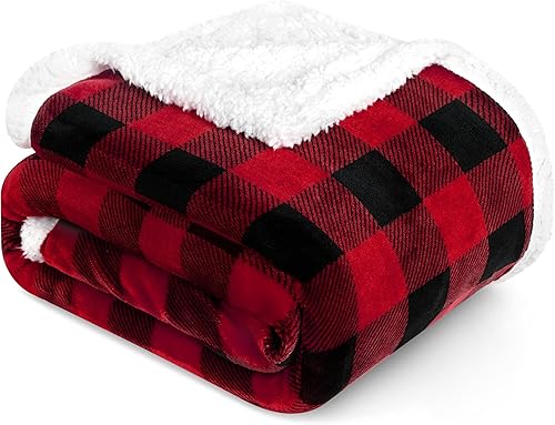 PAVILIA Manta Sherpa a cuadros Buffalo negros y rojos para sofá individual, manta de franela suave y esponjosa para cama, manta de forro polar a