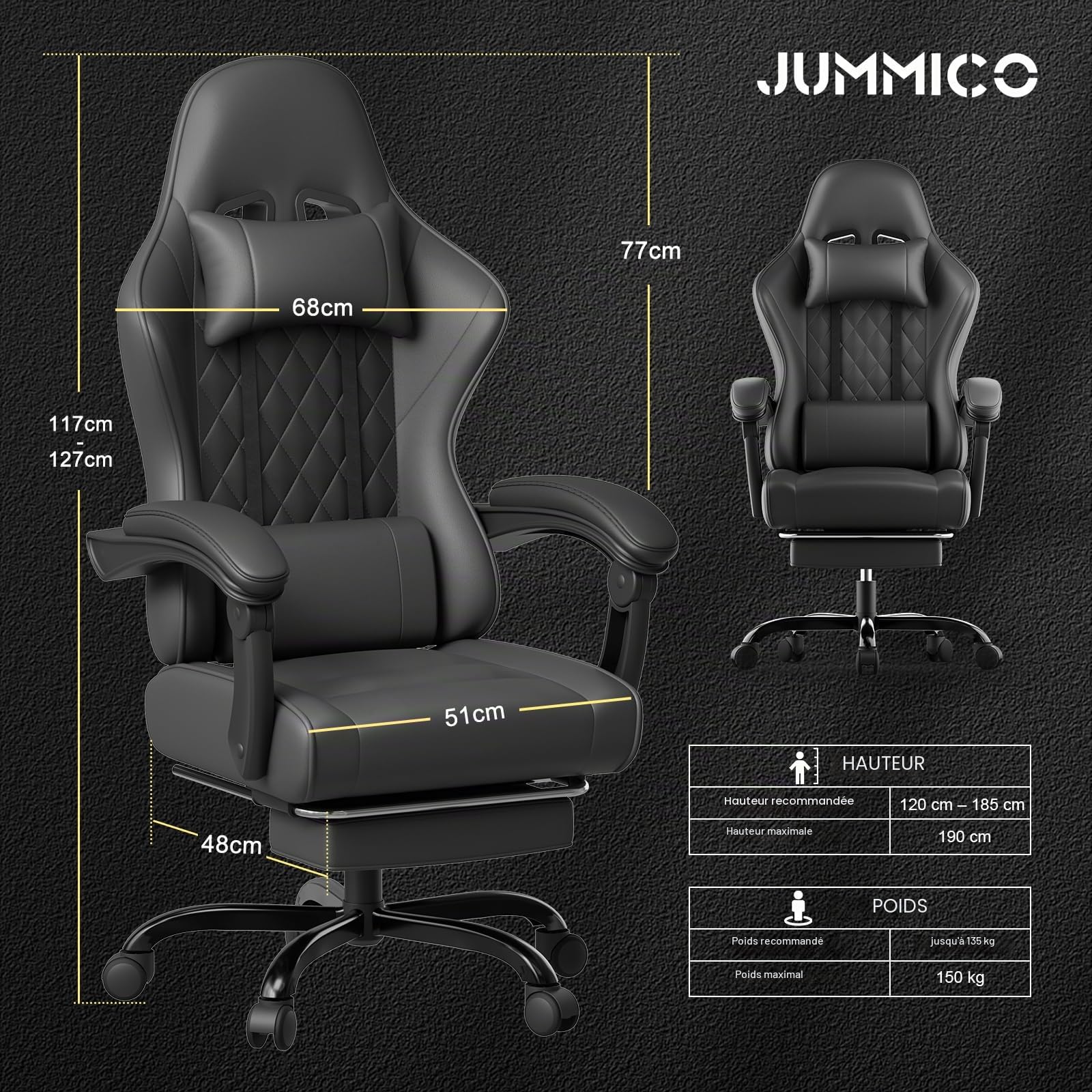 JUMMICO Chaise Gaming Ergonomique, Chaise de Bureau avec Fonction Massage, Fauteuil Gaming avec Repose-Pieds, 150 kg, Noir