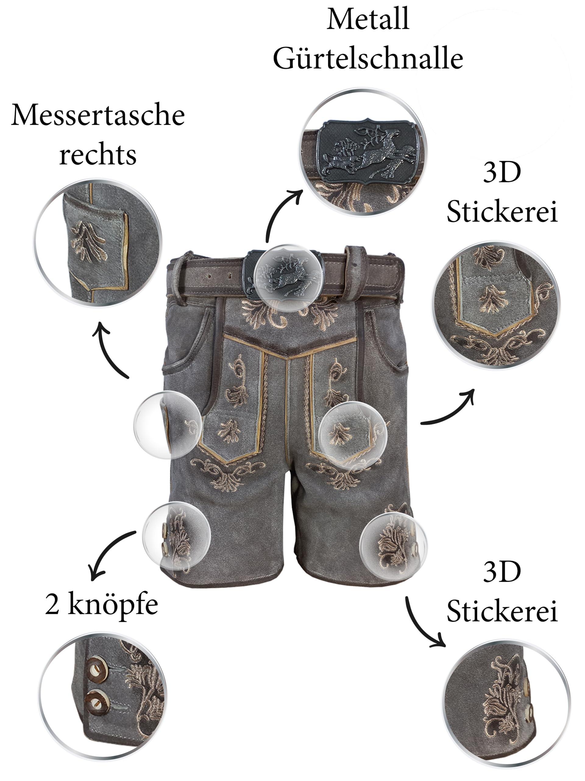 Kinder Trachten Lederhose kurz, wildbockleder, Weiches Veloursleder, Antik Smoke, Matteo Gr 80 bis 164