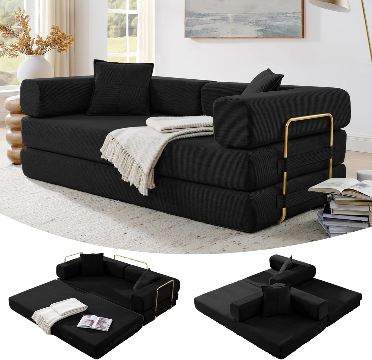 78" W Corduroy Convertible Sofa Bed, Futon Couch with Fixed-Shape Frame, Folding Pull Out Futon Sofa, Boneless Loveseat Couches for Living Room, No Assembly Required (Black)