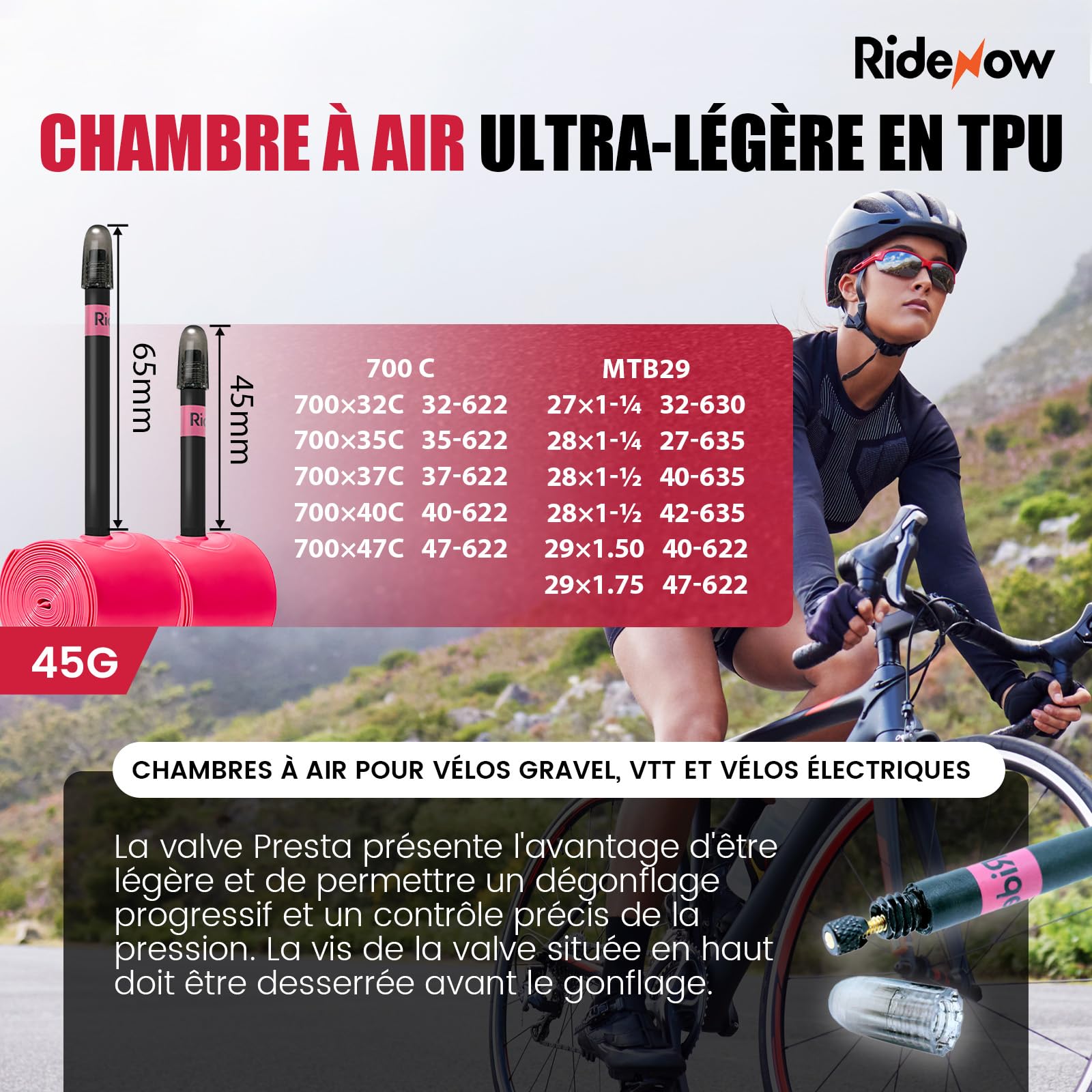 RideNow Lot de 2 chambres à air en TPU pour vélo de course/Gravel Bikes 700 x 32-47C, pour VTT électrique, 27", 28", 29", ultra légère, avec valve Presta 45/65 mm