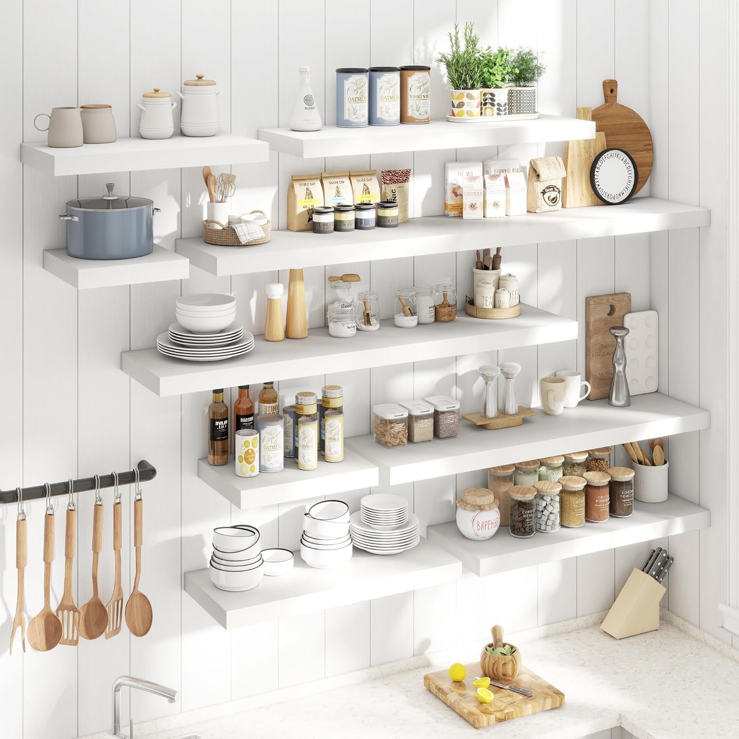 55 Inch Long Floating Shelves for Wall Set of 2, 12"D Wood Grain Bathroom Shelves with Invisible Brackets, Easy Install Engineered Wood Storage Shelves for Kitchen, Living Room, Bedroom, White Finish