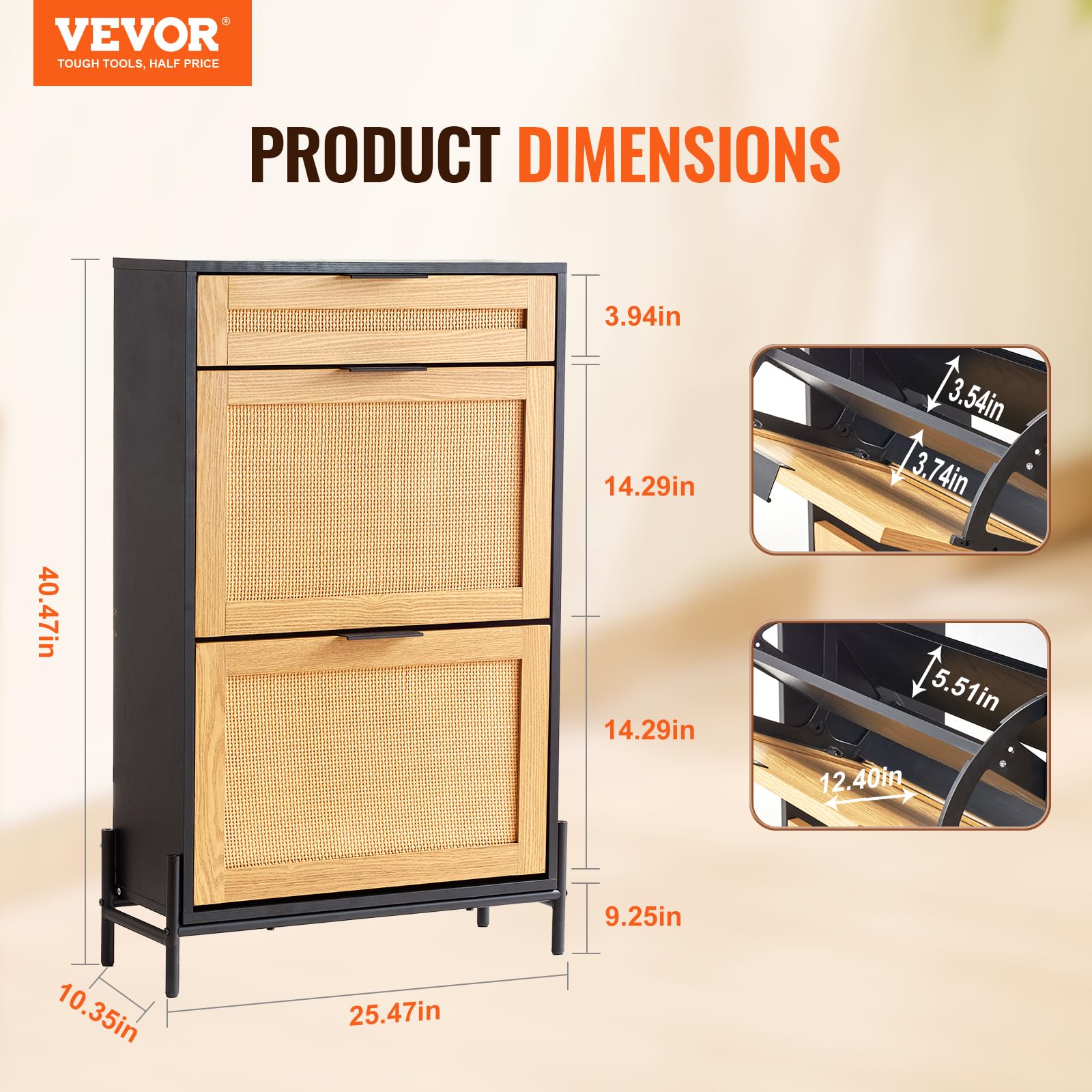VEVOR Rattan Shoe Cabinet, Narrow Shoe Storage Organizer with 2 Flip Rattan Drawers & 1 Slide Drawer, Metal Legs, Slim Shoe Entryway Cabinet Ideal for Entryway, Closet, Hallway, Black