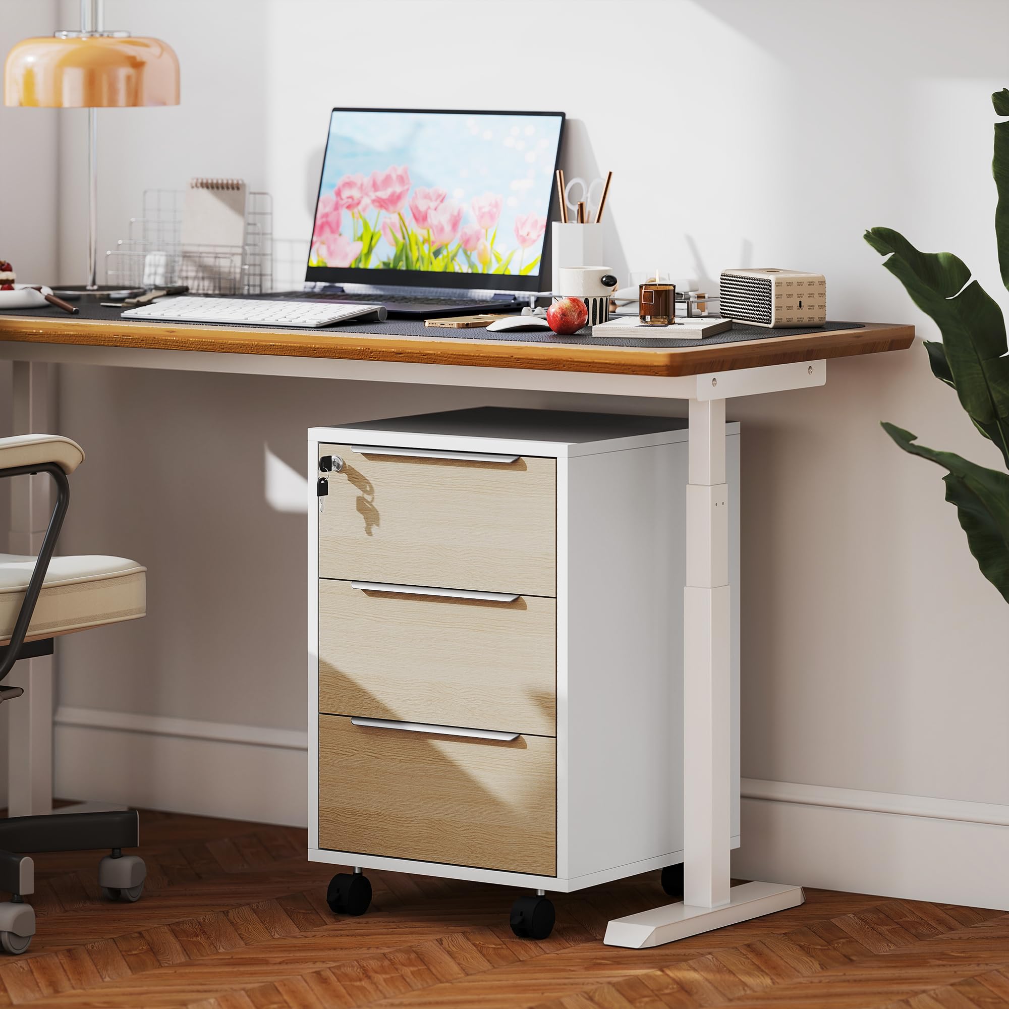 HOMCOM Cassettiera per ufficio su ruote 3 cassetti con serratura e 2 chiavi per sala studio 40x40x63,5 cm Bianco e rovere