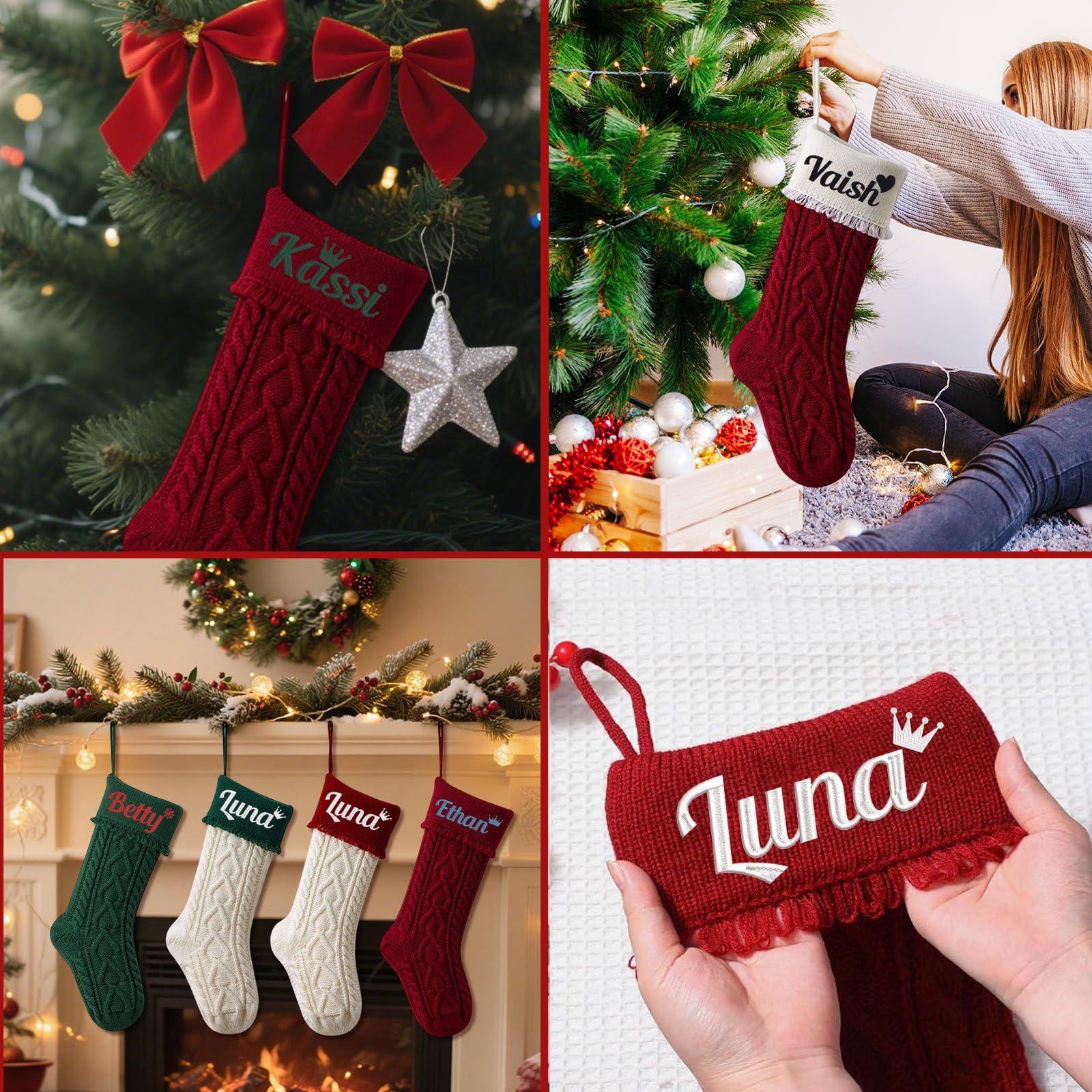 6 calze natalizie grandi con nomi personalizzati, 45 cm, con nome ricamato personalizzato, 45,7 cm, calza lavorata a maglia, per feste, Natale, decorazioni per la famiglia