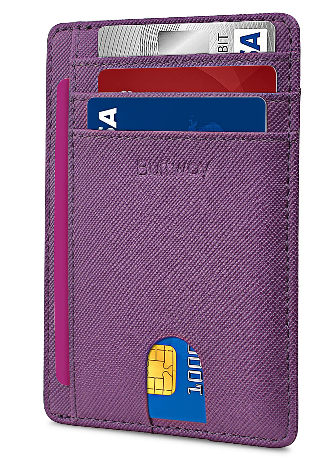 BuffwaySlim Minimalist Front Pocket RFID Blocking Leather Wallets for Men and Women, Cross Purple, S, Minimalist