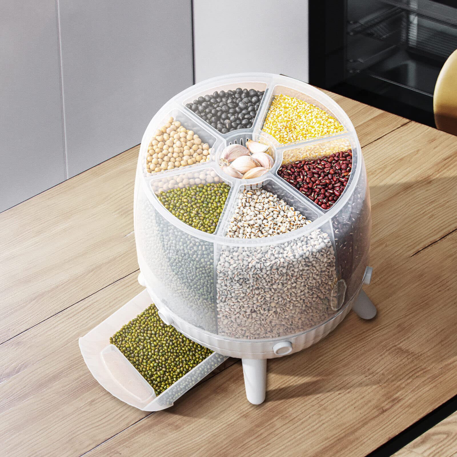 RENVIERY Rotating Rice Storage Container Round Grain Storage Bucket 6 Grids Food Dispense 6KG Countertop Kitchen Cereal Dispenser