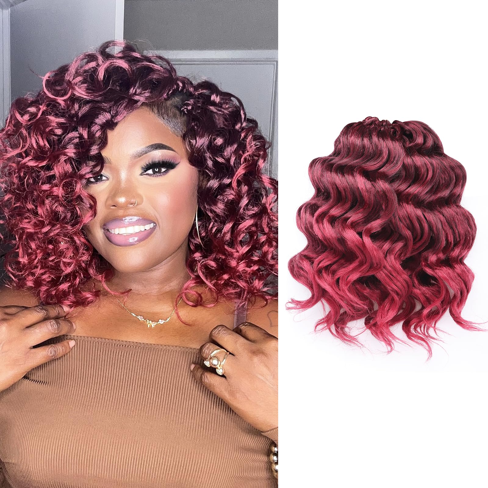 Toyotress Ocean Wave Crochet Hair - 14 Inch 8 Packs Ombre Burgundy Ocean Wave Braiding Hair, Beach Curl Deep Twist Water Wave Short Curly Synthetic