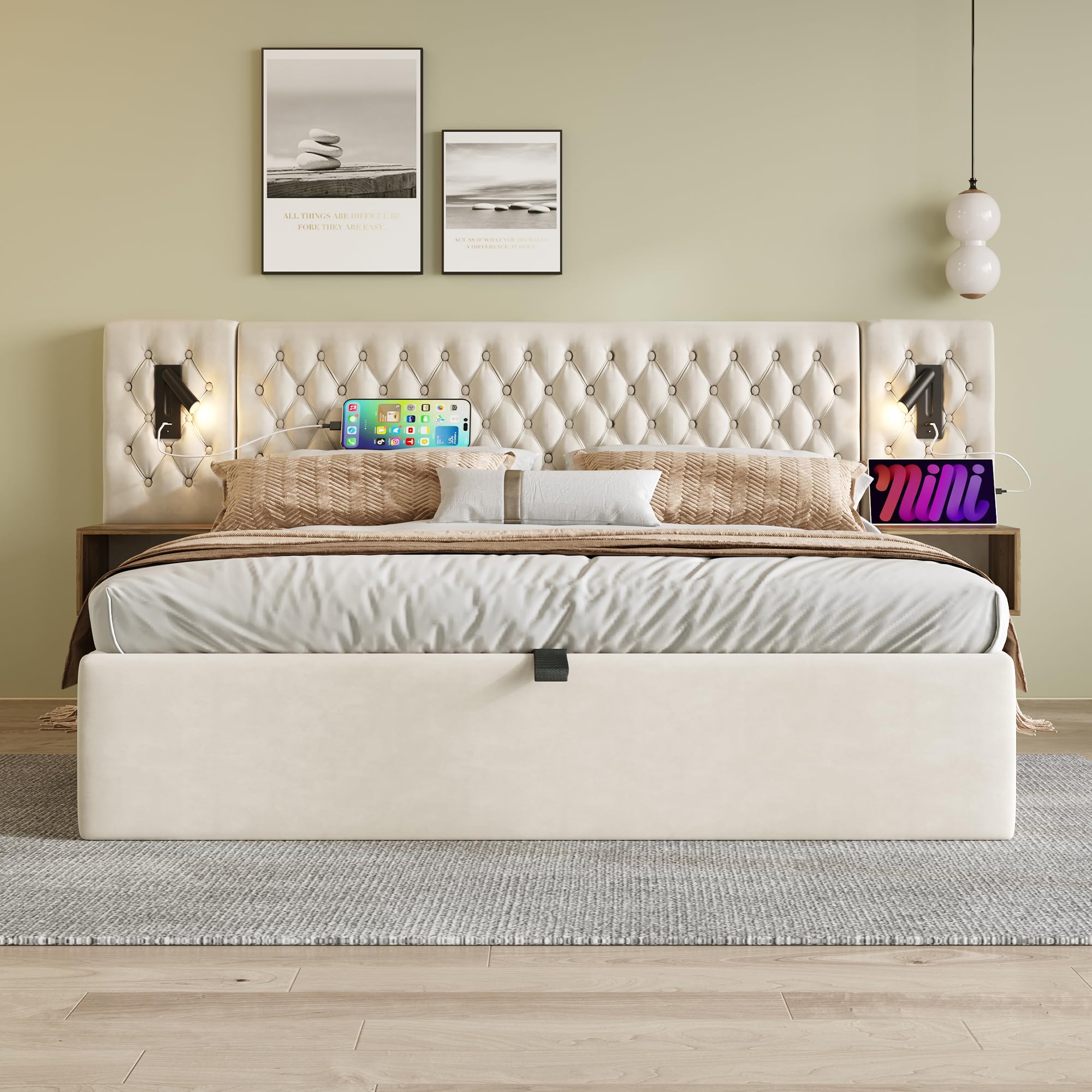 Zepneiy Lit Double 160x200 Avec Lampe De Lecture Et USB, Lit Coffre 160x200 Avec Table De Chevet, Avec à Lattes, Cadre De Rembourré En Cordon Beige(sans Matelas