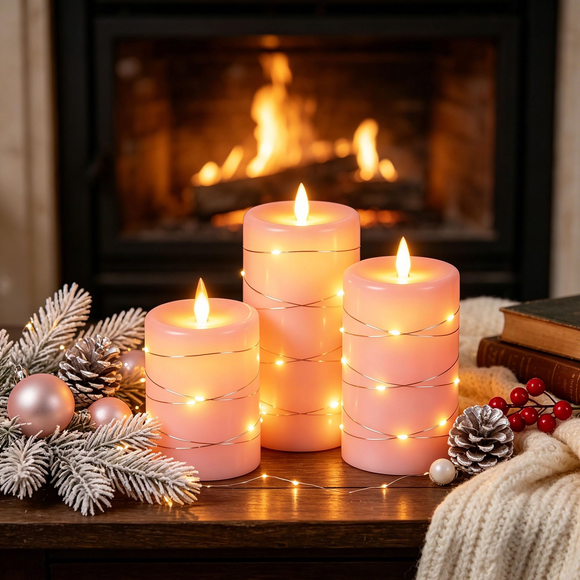Da by 3 Candele LED Rosa in Cera Naturale, Luci Fatate Avvolgenti, Fiamma Tremolante Ultra Realistica, 1 Telecomando, Misure Assortite, Riutilizzabili per Decorazioni Interno ed Esterno