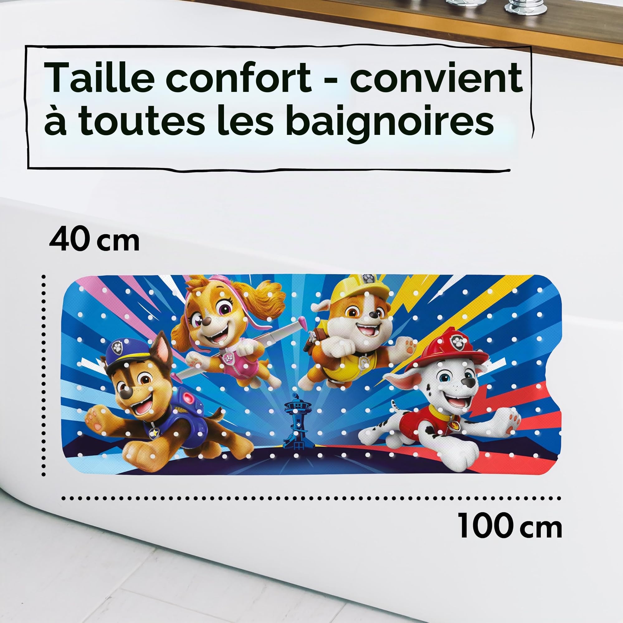 PAW Patrol Tapis de bain antidérapant pour enfants - Anti-moisissure, antibactérien, avec ventouses, crochets et trous de drainage, 100x40cm