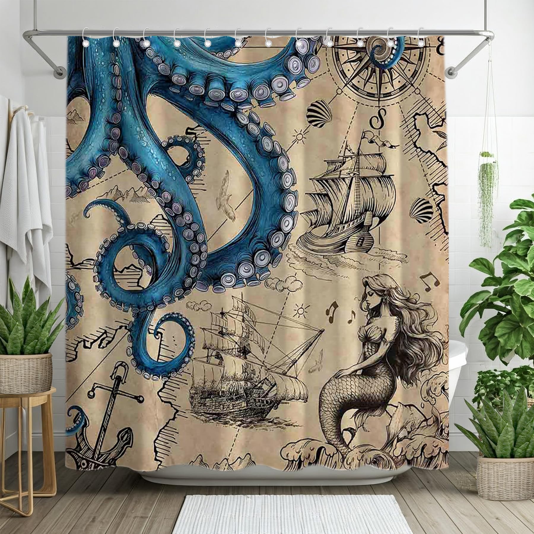 Swepuck Vintage Brown Octopus Shower Curtain for Bathroom Sailboat Ocean Blue Kraken Anchor Coastal Map Home Decorations Sets with 12 Hooks Waterproof Polyester 72