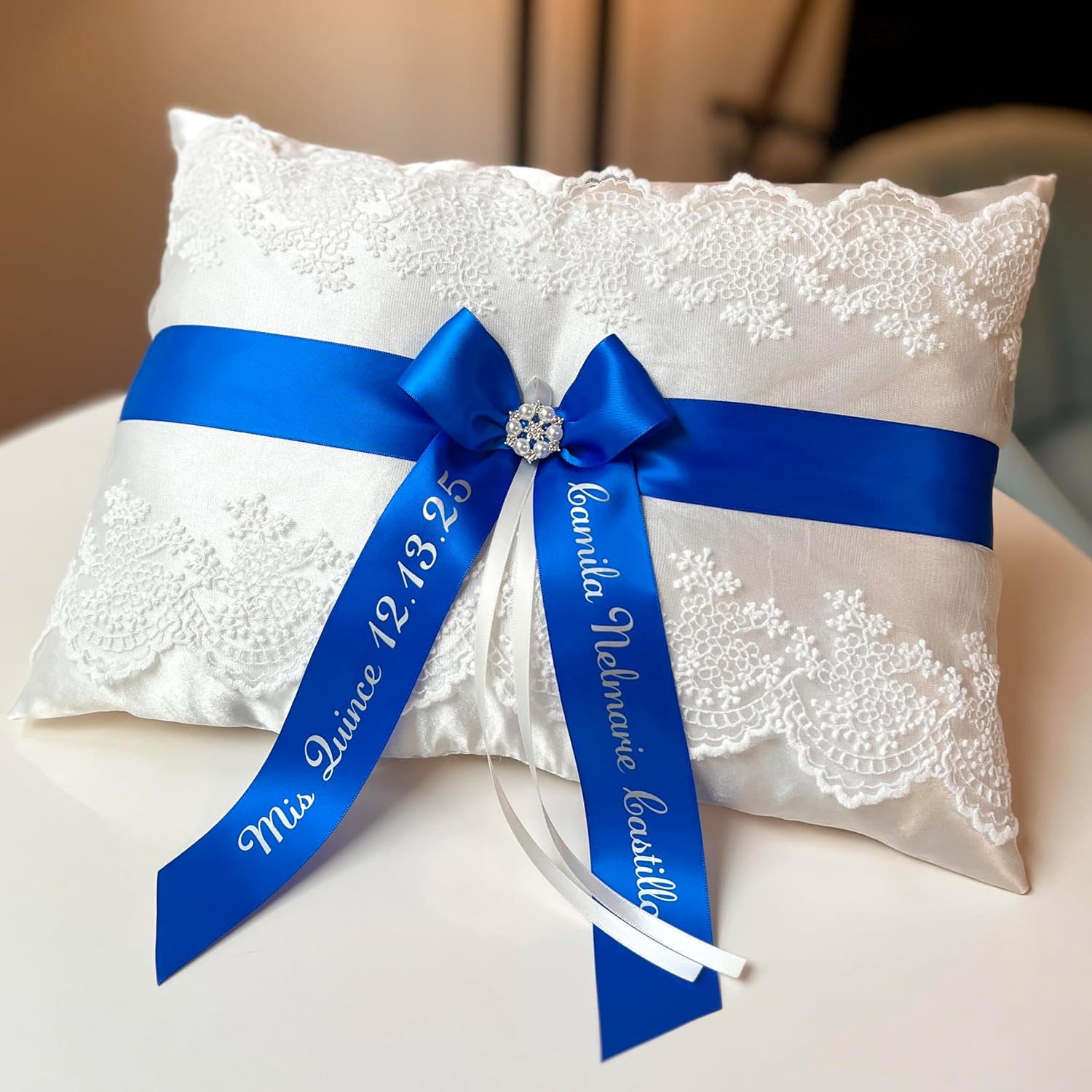 Quinceanera Pillow Set Royal Blue Quince Tiara Shoe and Kneeling Prayer Pillows Blue My Sweet 16 Mis 15 Anos Guest Book with Pen (Shoe Pillow 12x14in)