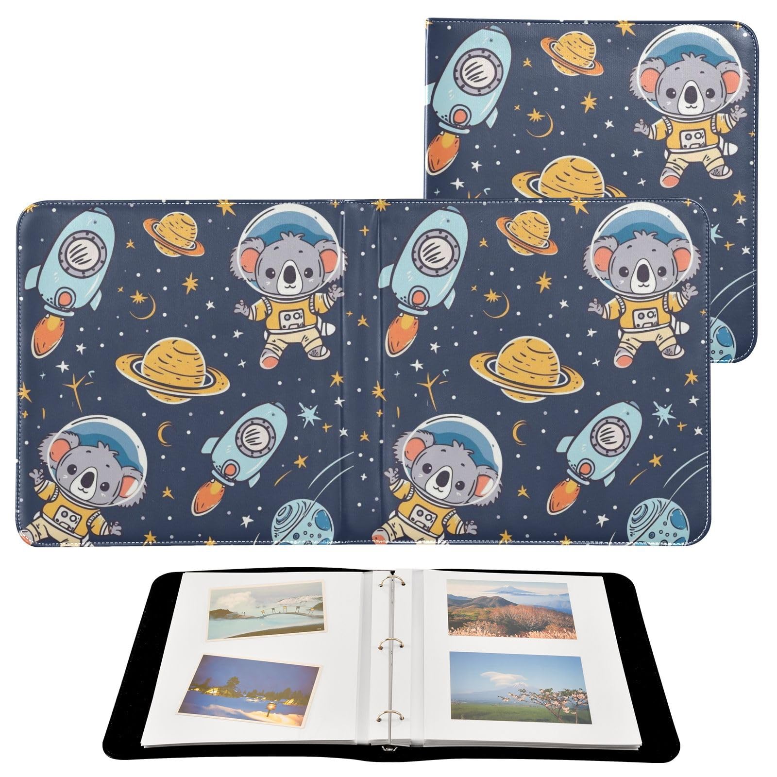 JIPONI Koala Astronaut Large Photo Album, DIY Leather Cover Scrapbook Albums for 4x6 5x7 6x8 Pictures, Self Adhesive Memory Book for Wedding, Baby, Family
