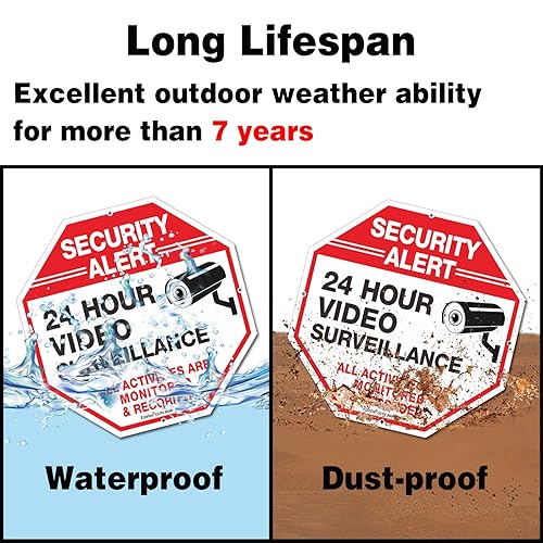 Miniatura 4 de Faittoo Paquete de 4 letreros de alerta de seguridad, vigilancia de video las 24 horas, letreros monitoreados para todas las actividades, señal de
