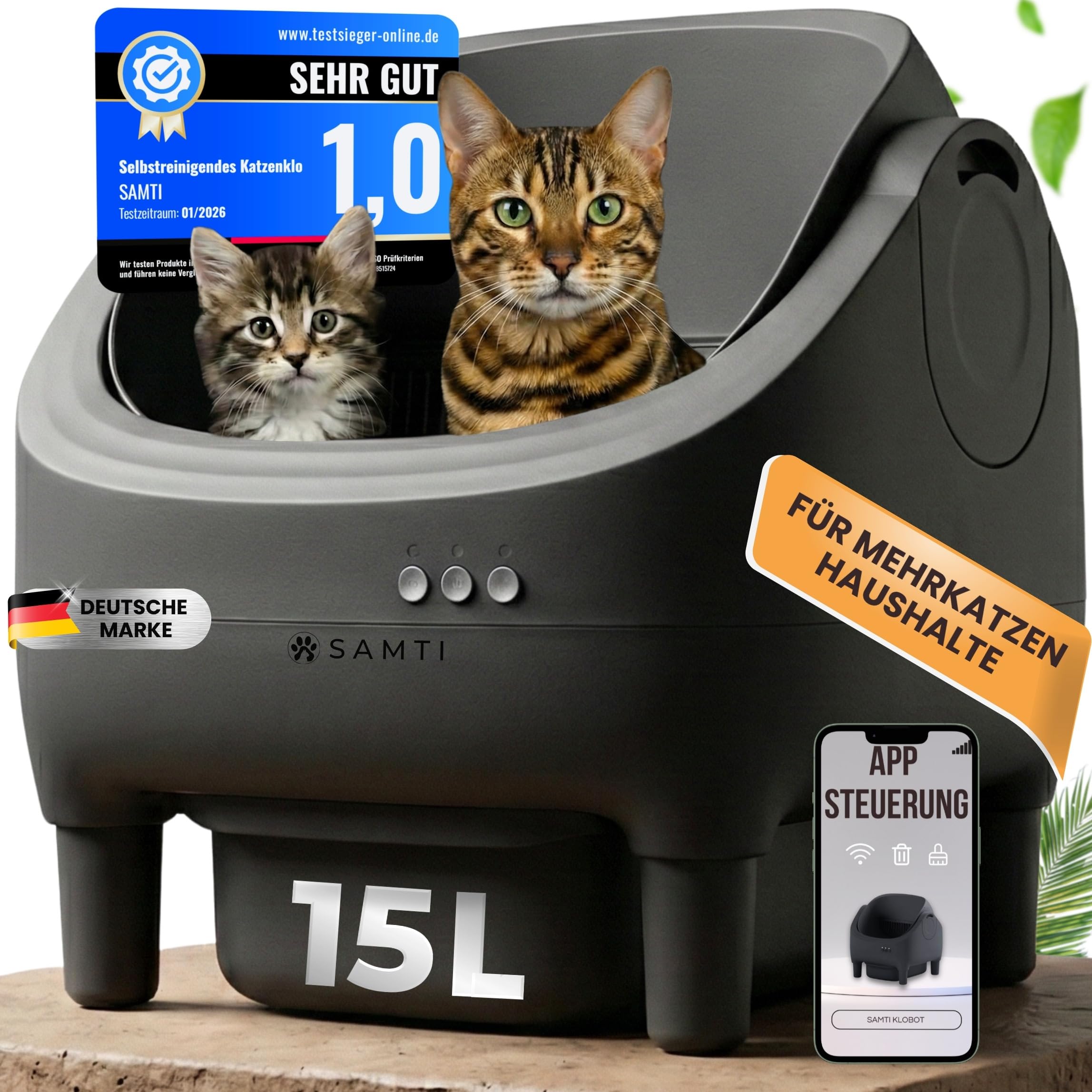 Katzenklo Selbstreinigend,15L XXL Behälter, Selbstreinigende Katzentoilette | SAMTI Klobot, für Mehrkatzen-Haushalte, Elektrisches Katzenklo groß & offen, automatisches Katzenklo XXL mit App Steuerung