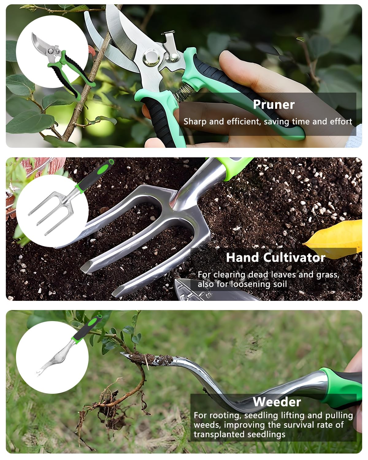 Juego de 10 herramientas de jardín, herramientas de jardinería resistentes con agarre de goma antideslizante, incluye pala, tenedor, rastrillo, guantes de jardinería, bolsa organizadora, regalos para