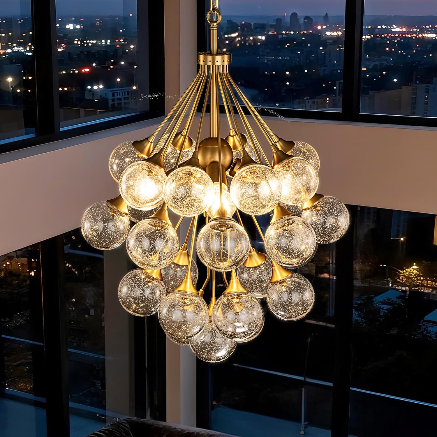 Wellmet 22 Inch Gold Glass Chandelier, Modern Bubble Ball Sphere Chandeliers for Living Room, Mid Century Modern Sputnik Light Fixtures with Clear Seeded Glass Shade for Dining Room, Bedroom, Entryway
