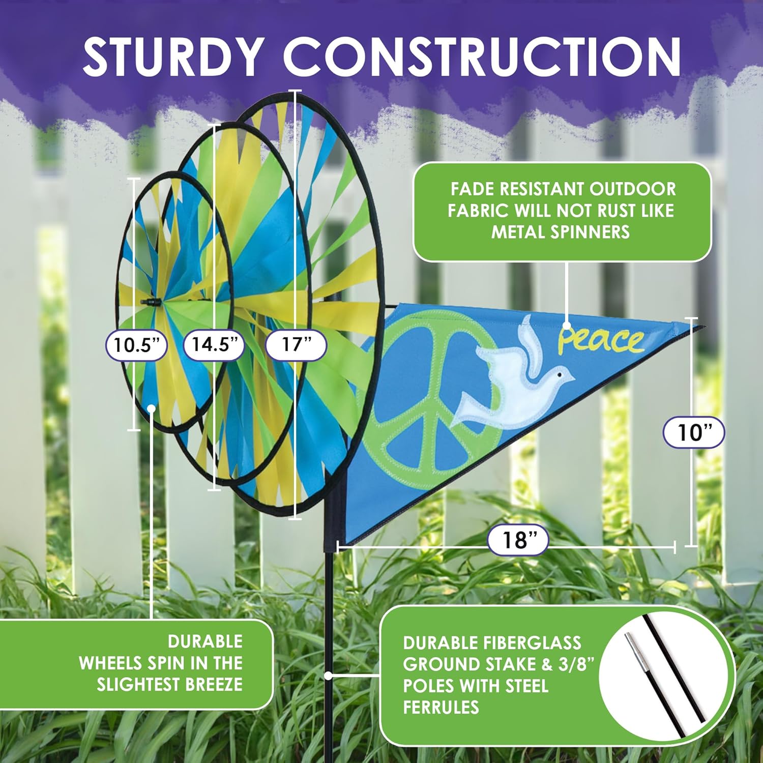 Premier Kites Triple Spinner Peace – Eye-Catching Garden Spinner with Colorful Triple Wheels, Durable Weather-Resistant Fabric, Easy Assembly, Outdoor Décor for Patios, Lawns, Gardens & Yards