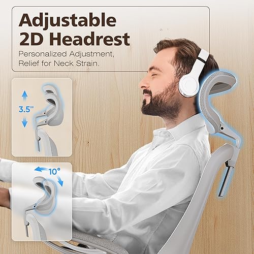 Miniatura 6 de GABRYLLY Silla de oficina ergonómica de malla, silla de escritorio blanca, reposabrazos abatible, reposacabezas ajustable, inclinable con asiento