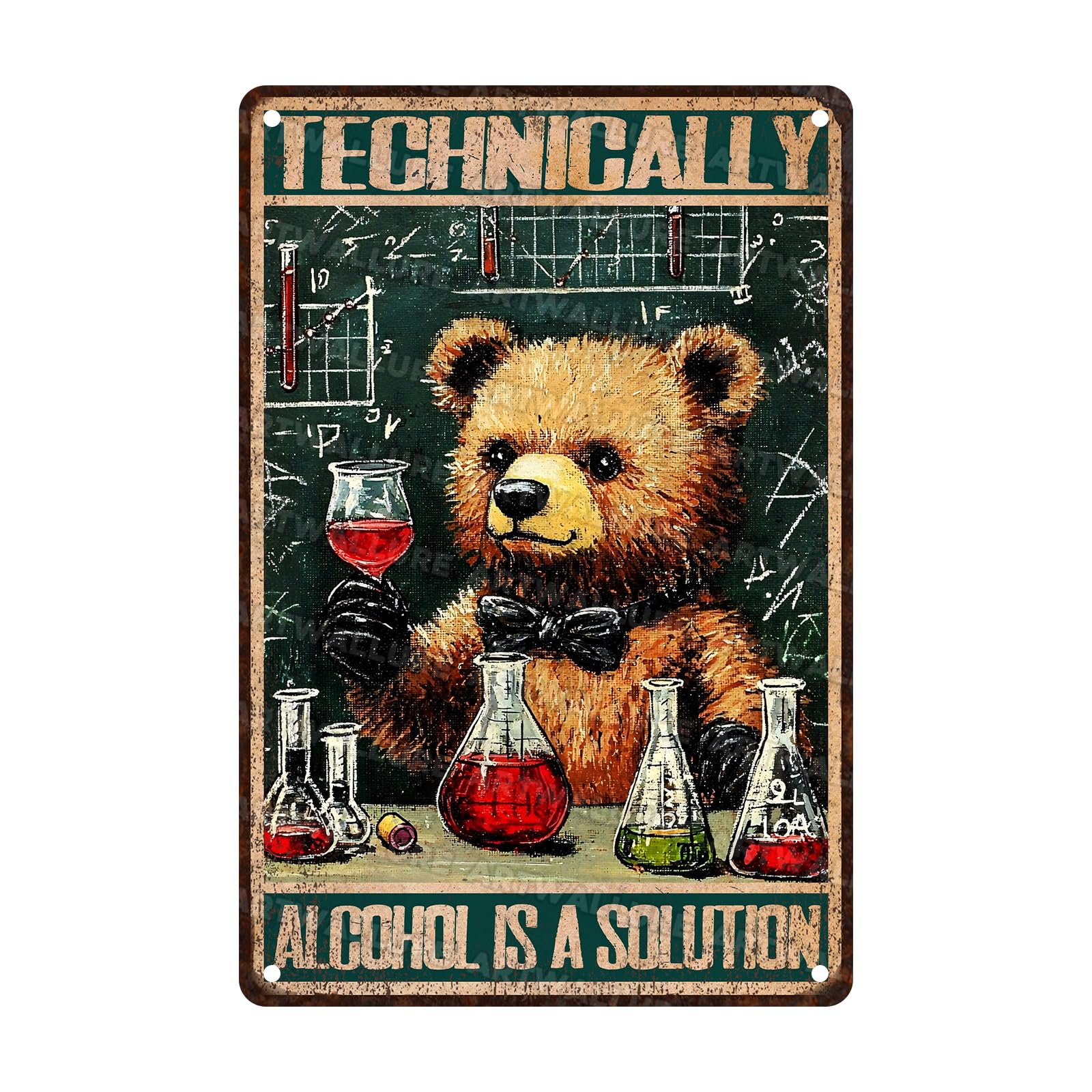 Bear Vintage Sign Technically Alcohol is a Solution Metal Sign for Home Bar Funny Bear Sign 8x12Inch