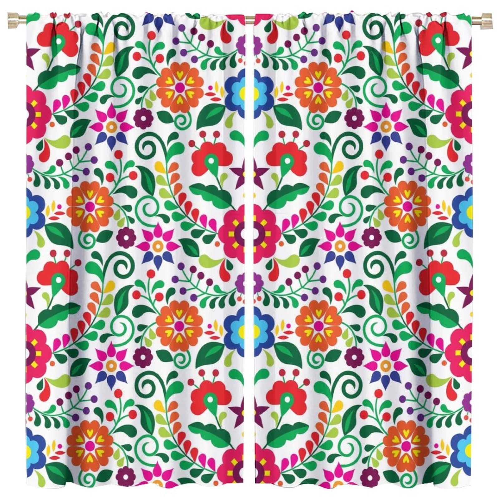 Abstract Flower Window Curtains,Bohemian Retro Mexican Folk Art Floral Print Pattern Curtains for Bedroom Living Room Kitchen Polyester Fabric Window