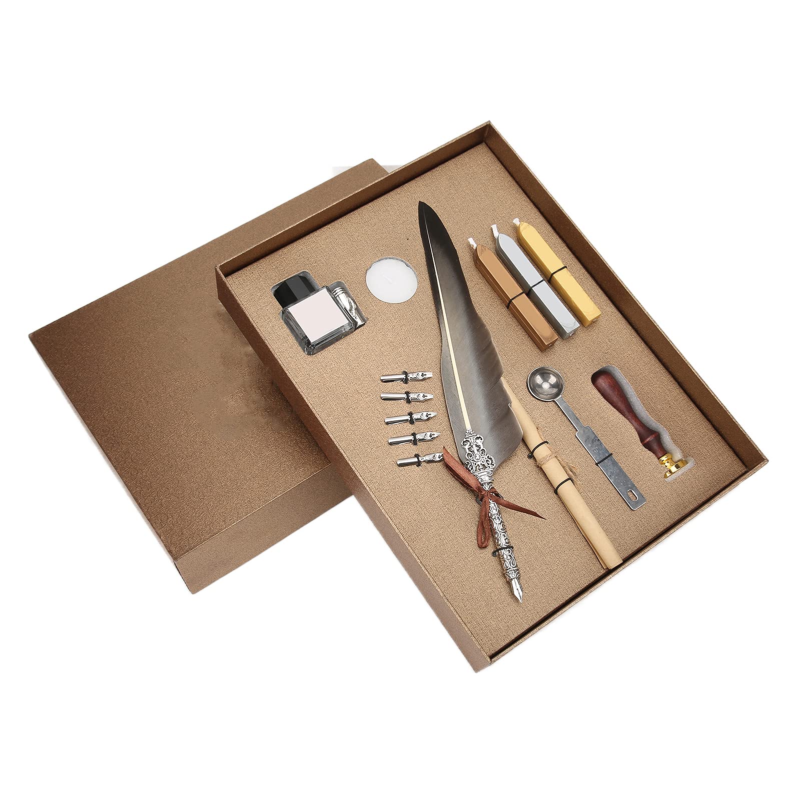 Ensemble de stylos de calligraphie avec plume en acier inoxydable et support en alliage sculpté rétro, et stylo plume en métal pour l'écriture, le dessin (SFDPS038031 Plume grise pointue)