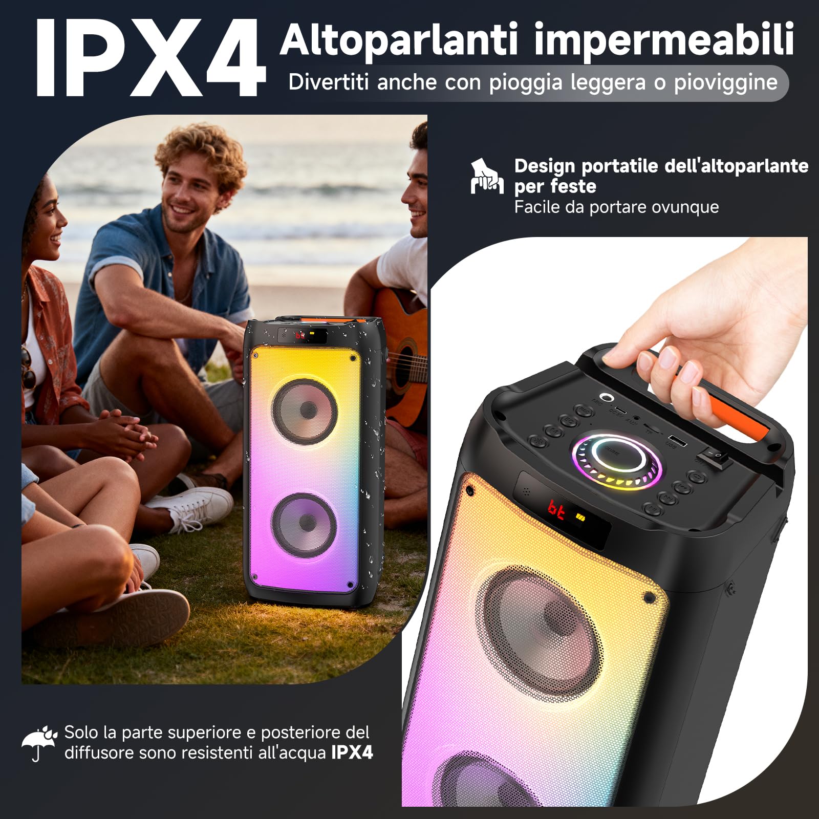 JYX Karaoke con 2 Microfono, 150W Cassa Bluetooth Grande, IPX4 Altoparlante Portatile Bluetooth 5.3 con luce RGB, Canta tu Sistema PA per Adulti, Supporta TF/USB, AUX, FM, TWS