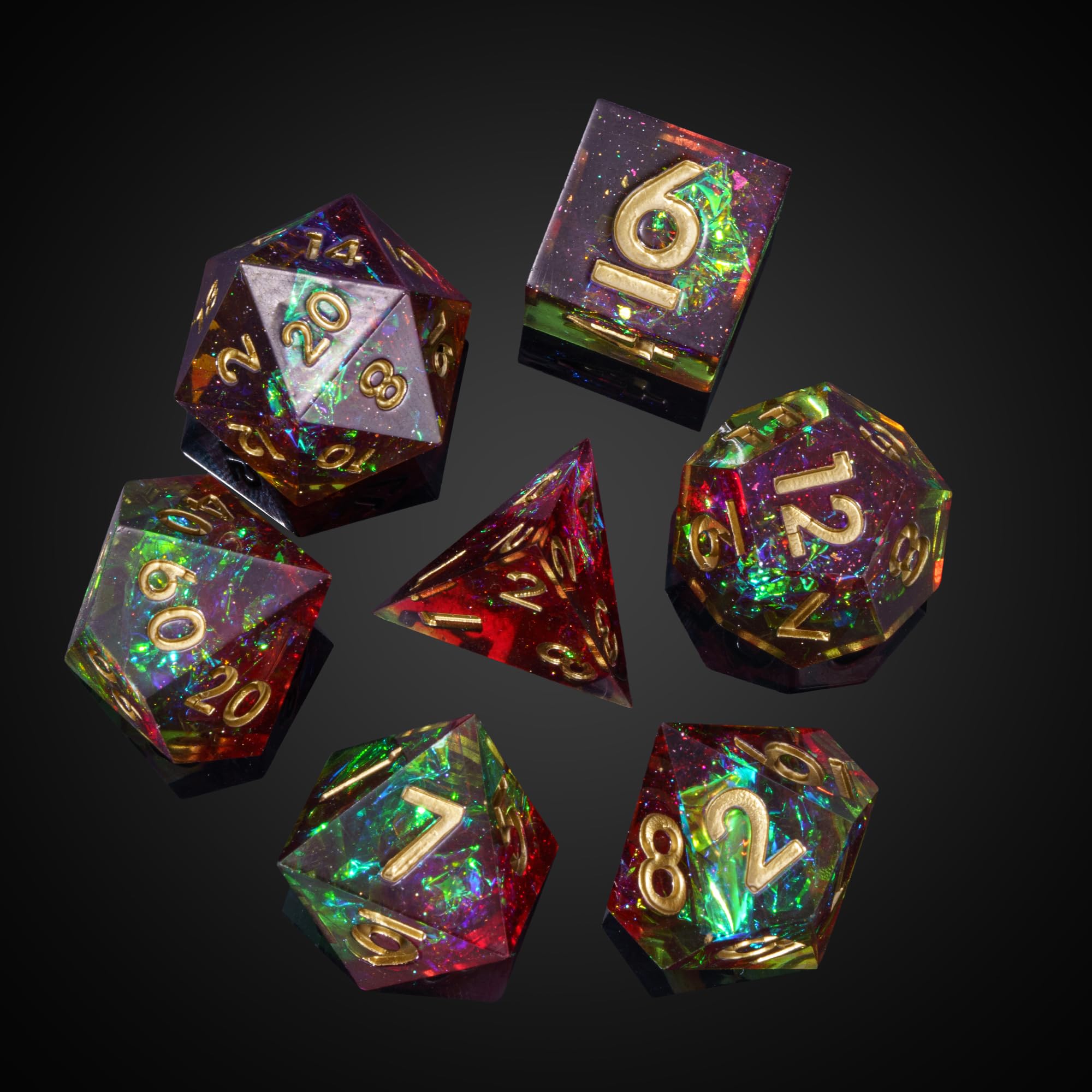 Zestaw 7 ręcznie robionych kości do gry planszowej Dungeons and Dragons (DnD) Pathfinder, w zestawie pudełko prezentowe (zielono-czerwony)
