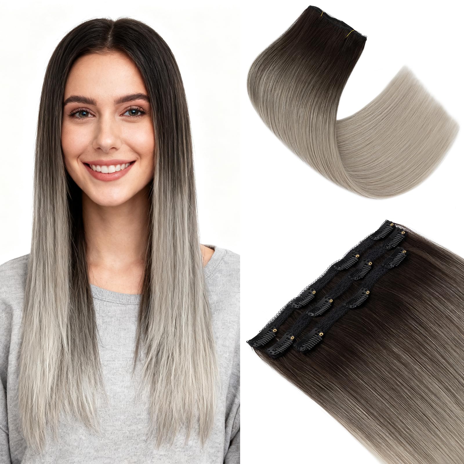 S-noilite Clip in Extensions Echthaar Natürliches Schwarz Highlight Grau Haarverlängerung Echthaar Clip in 86g Extensions Remy Menschliches Haar Glattes 3 Stücke 55cm
