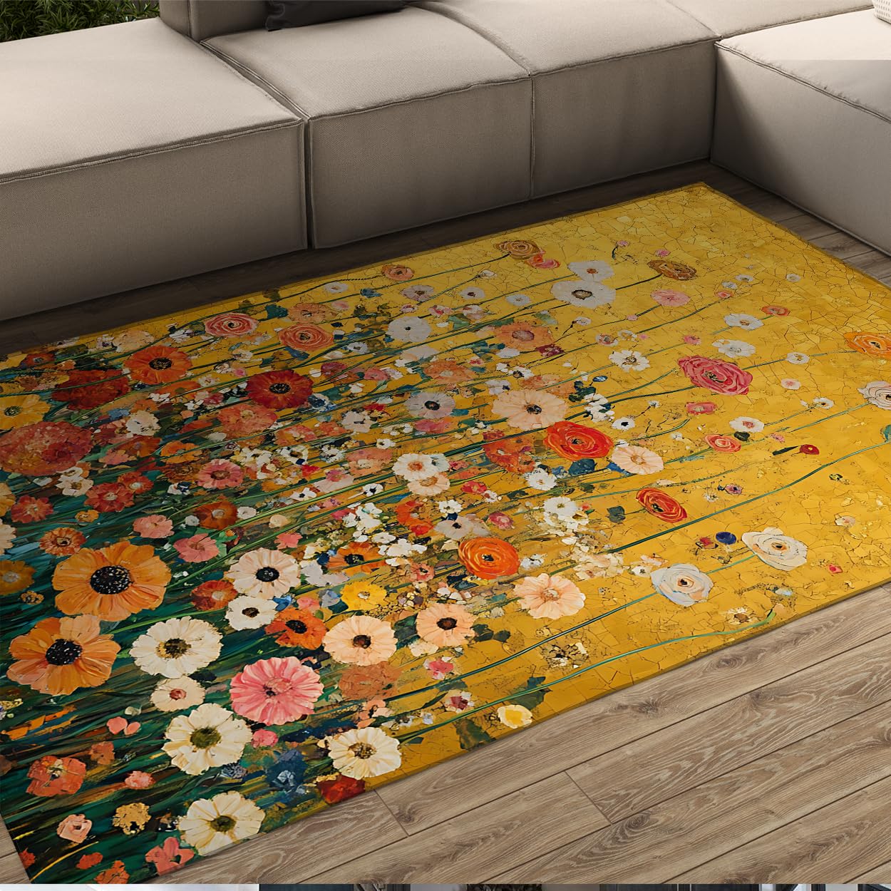 Tapis 60x90cm Jaune de Salon Bohème : Tapis à Fleurs Vintage Lavable
