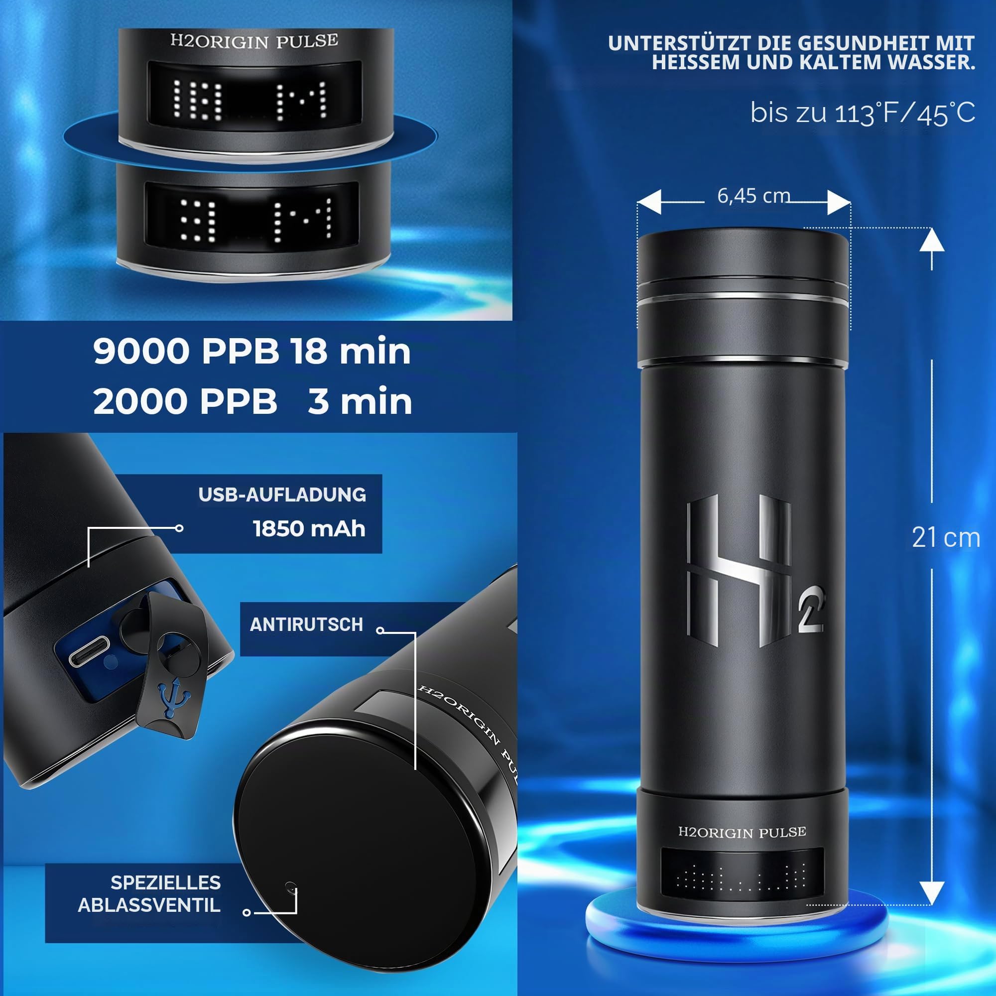 Wasserstoff-Wasserflasche - 287.5 g 3-in-1 tragbarer Wasserstoffgenerator, hochkonzentrierte SPE/PEM-Technologie, Universaladapter und erfrischendes Nebelspray