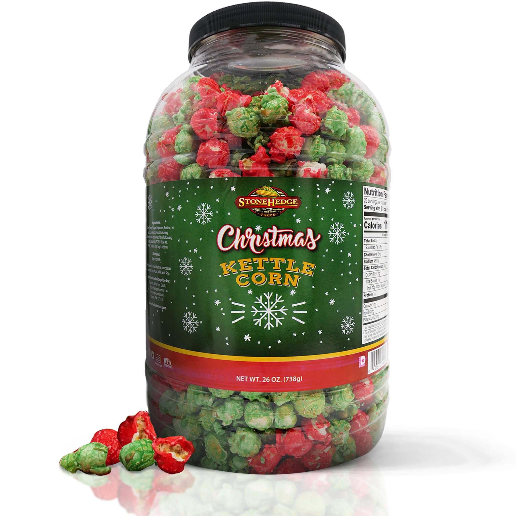 Stonehedge Farms Christmas Kettle Corn Popcorn | 26 oz Large Tub | Perfect for the Holidays | Green and Red Popped Sweet Snacks | Made in the USA