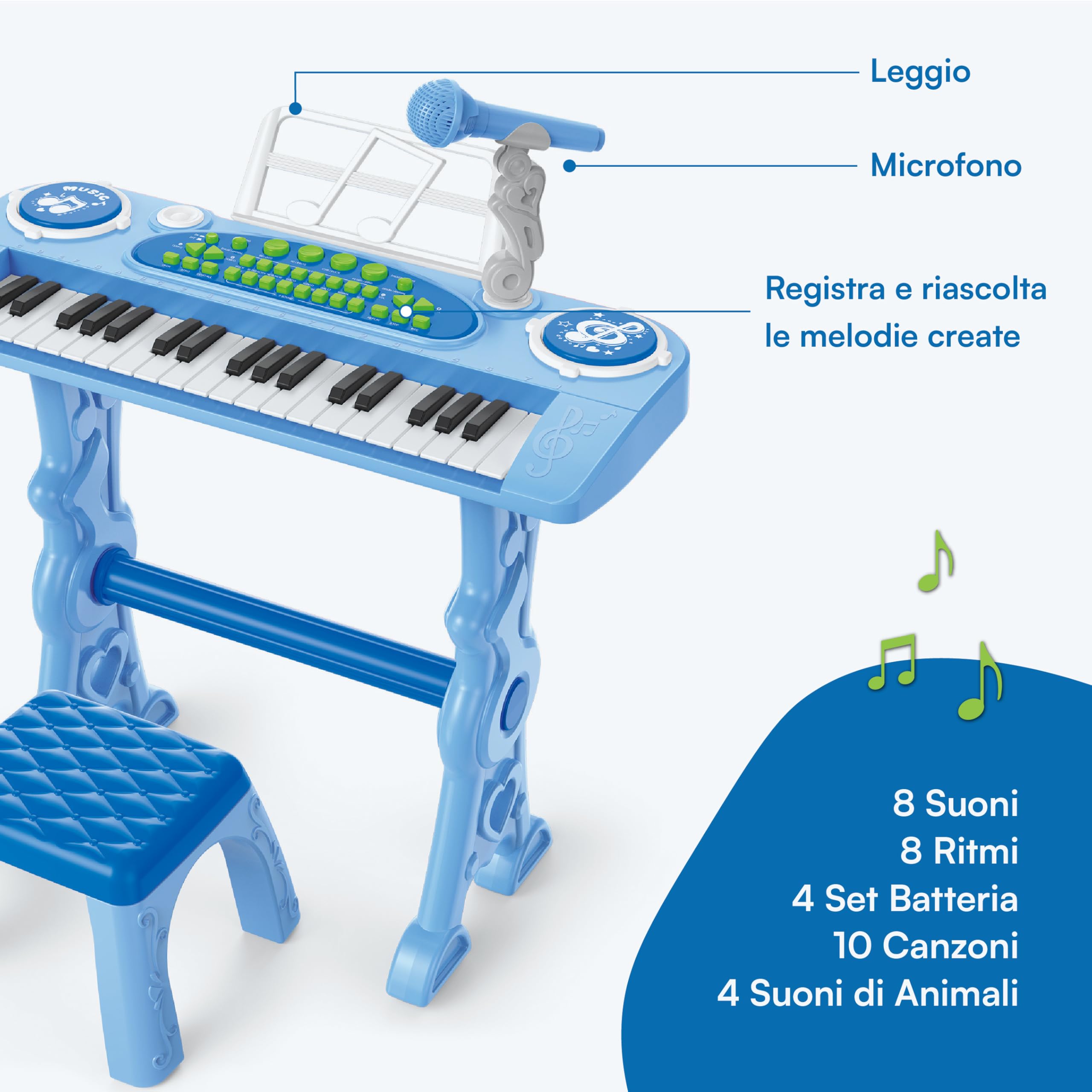 Baroni Toys Tastiera Elettronica con Sgabello per Bambini 3+ Anni con Microfono, Pianola Musicale con Melodie e Suoni Educativi, Tastiera 37 Tasti con Sedia Azzurra, 48x20x53cm