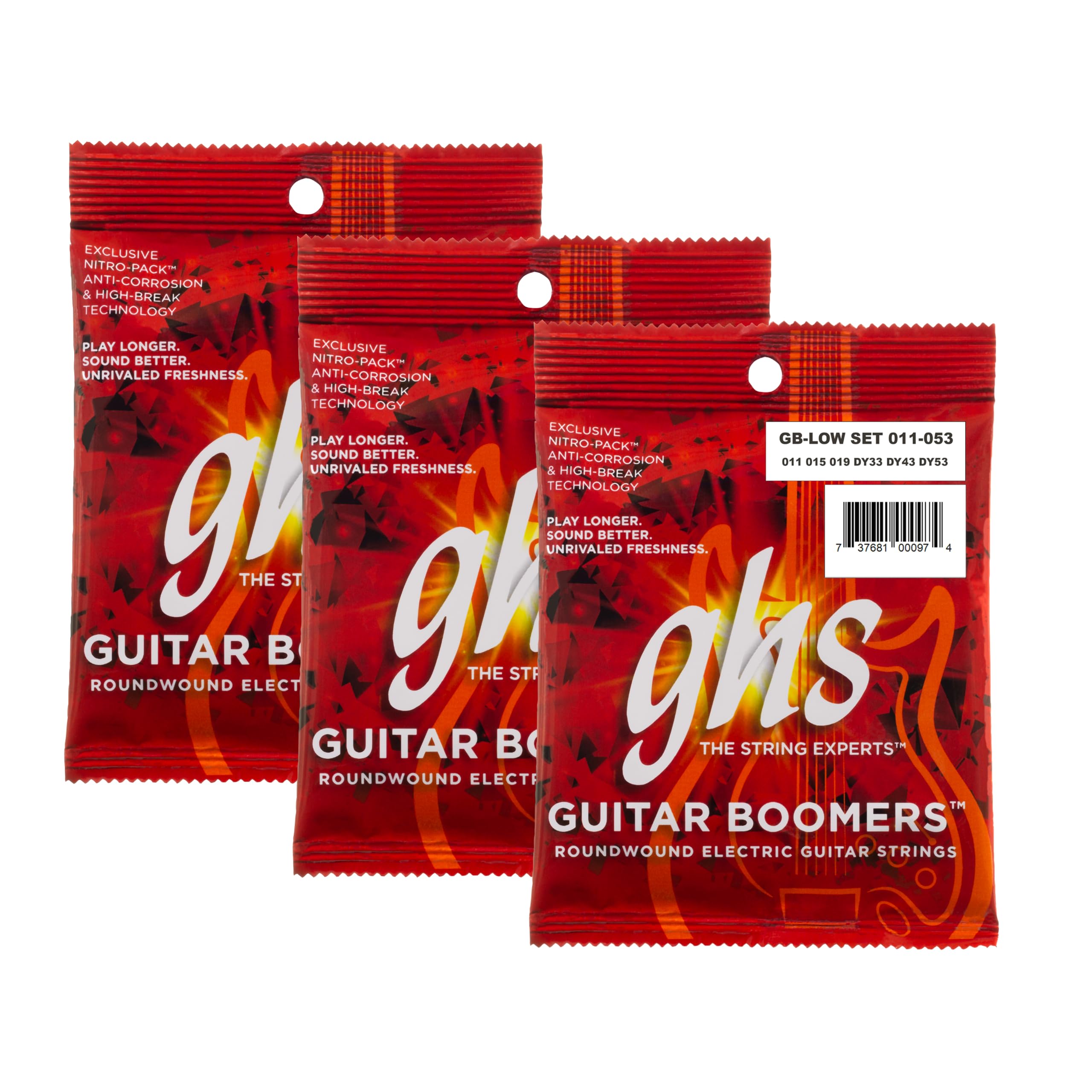 GHS Strings, GB-LOW Boomers, Nickel Plated Steel Electric Guitar Strings, Legendary Strength, Intonation, Unrivaled Sustain, Brightness &amp; Tone, Wound 3rd String, LOW-TUNED Gauge-11-53, 3 SETS