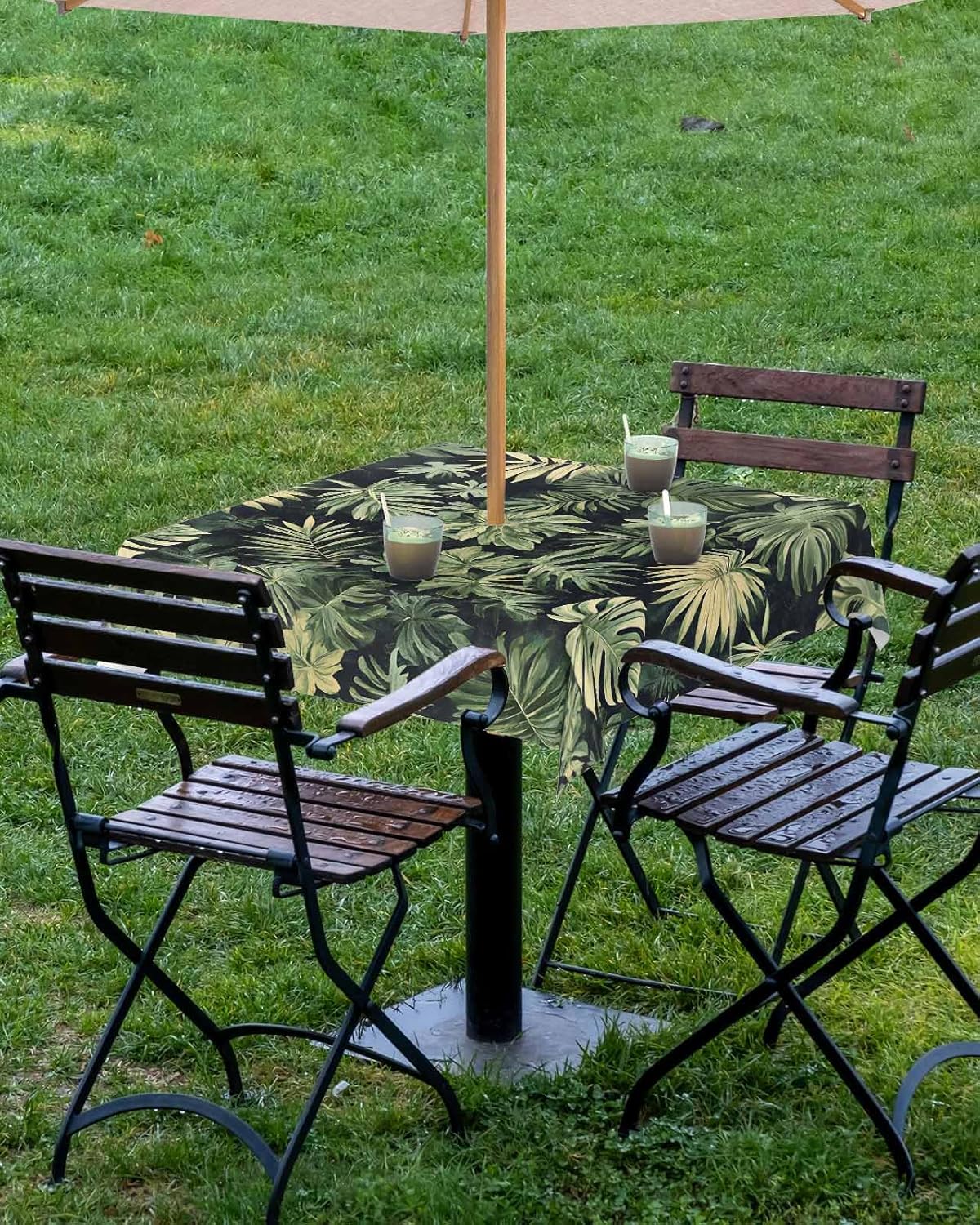 Outdoor Tablecloth with Umbrella Hole and Zipper 60" Square Summer Watercolor Green Leaves Tropical Plants Water Repellant Table Cover Tabletop Collection for Party Patio Picnic