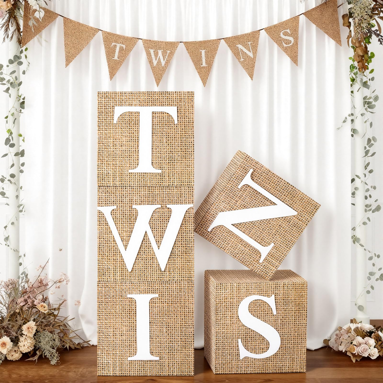 Photo 1 of CimoroWin 5 Pcs Burlap Print Twins Baby Shower Boxes with Letters Burlap Grain Cubes 12 x 12 Inch for Twins Gender Reveal Party Gender Neutral Baby Shower Centerpiece Decor